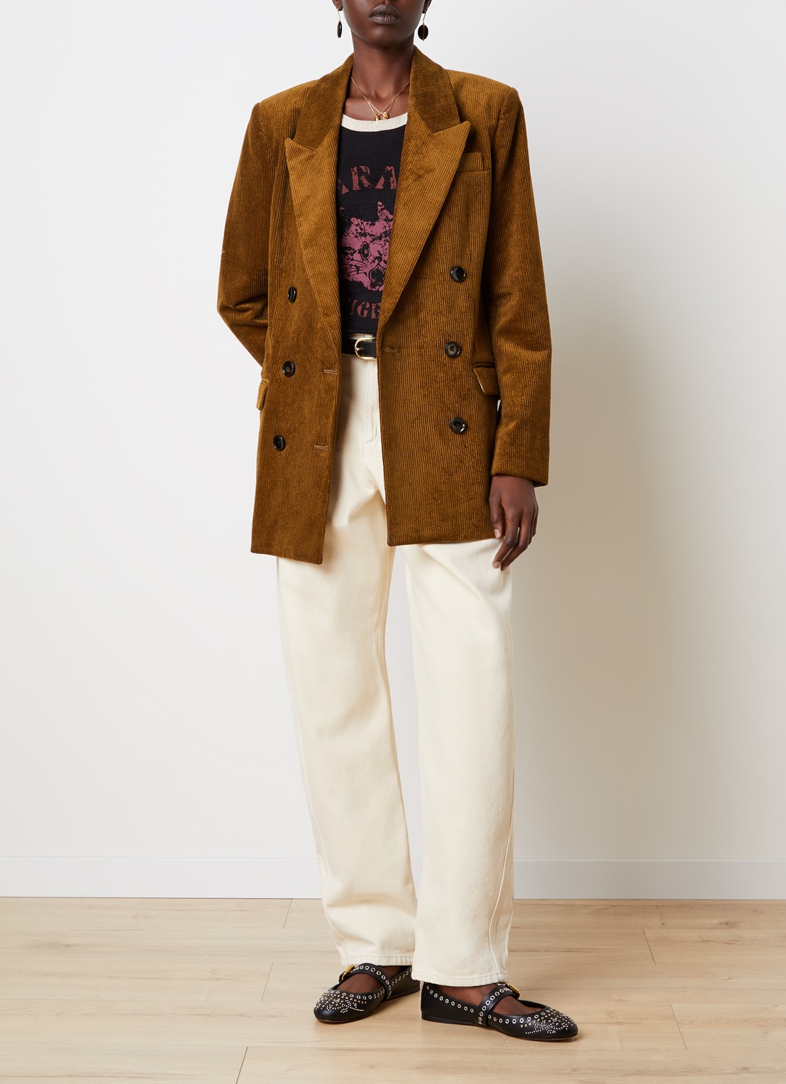 Isabel Marant Rasma double-breasted blazer van corduroy - voorkant 2 cognac