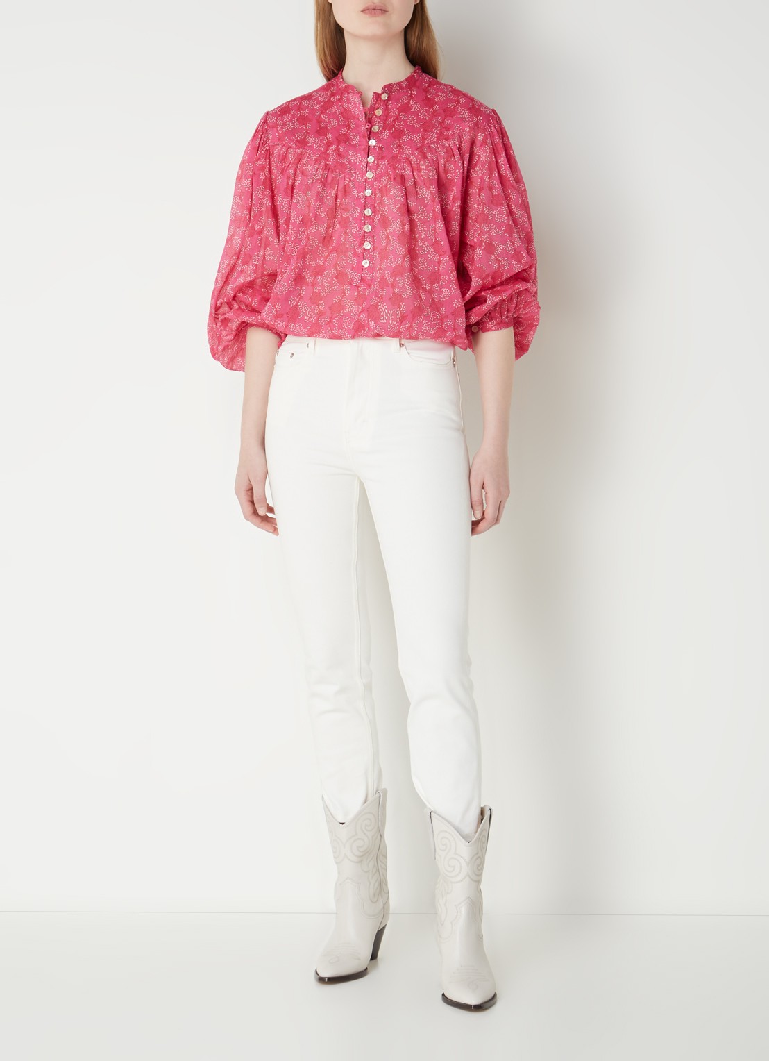 Isabel Marant Salika blouse met ballonmouw - voorkant 5 fuchsia