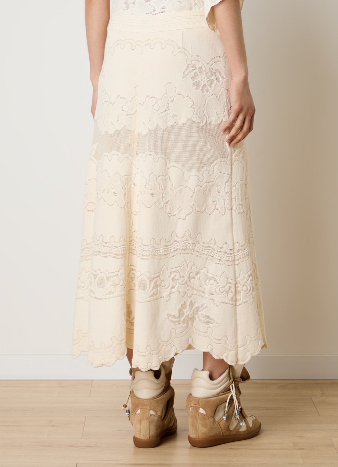 Isabel Marant Sanaya high waist midi rok met broderie - achterkant vanillegeel