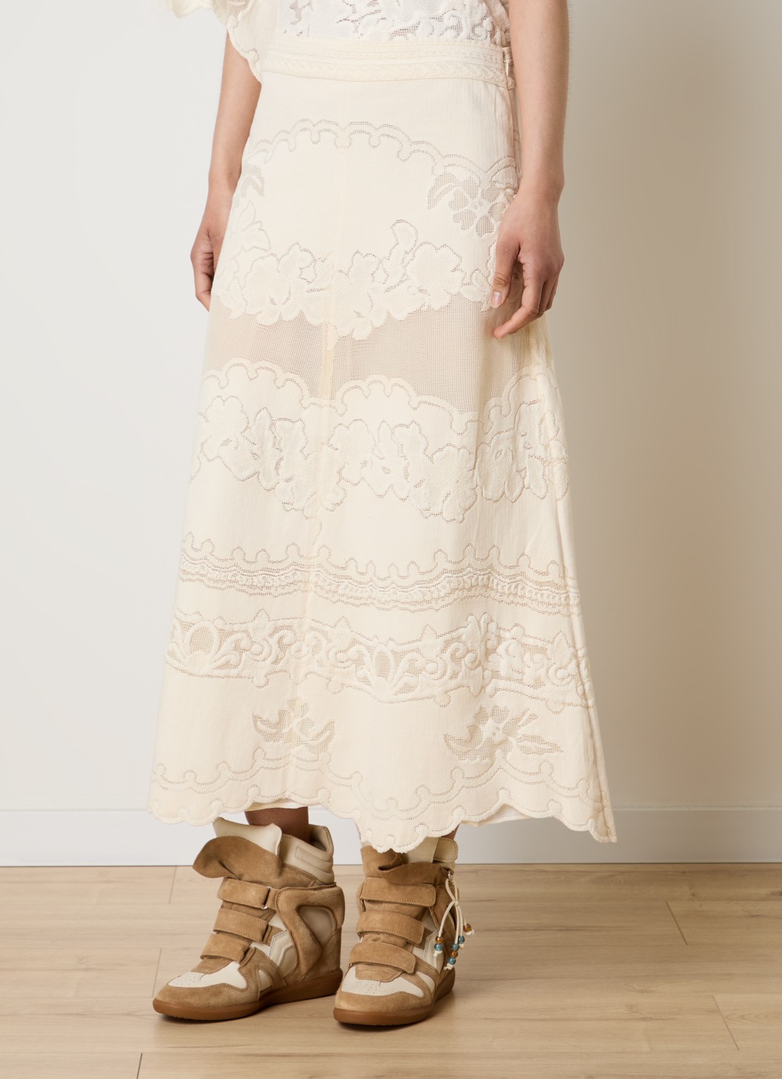 Isabel Marant Sanaya high waist midi rok met broderie - detail 4 vanillegeel