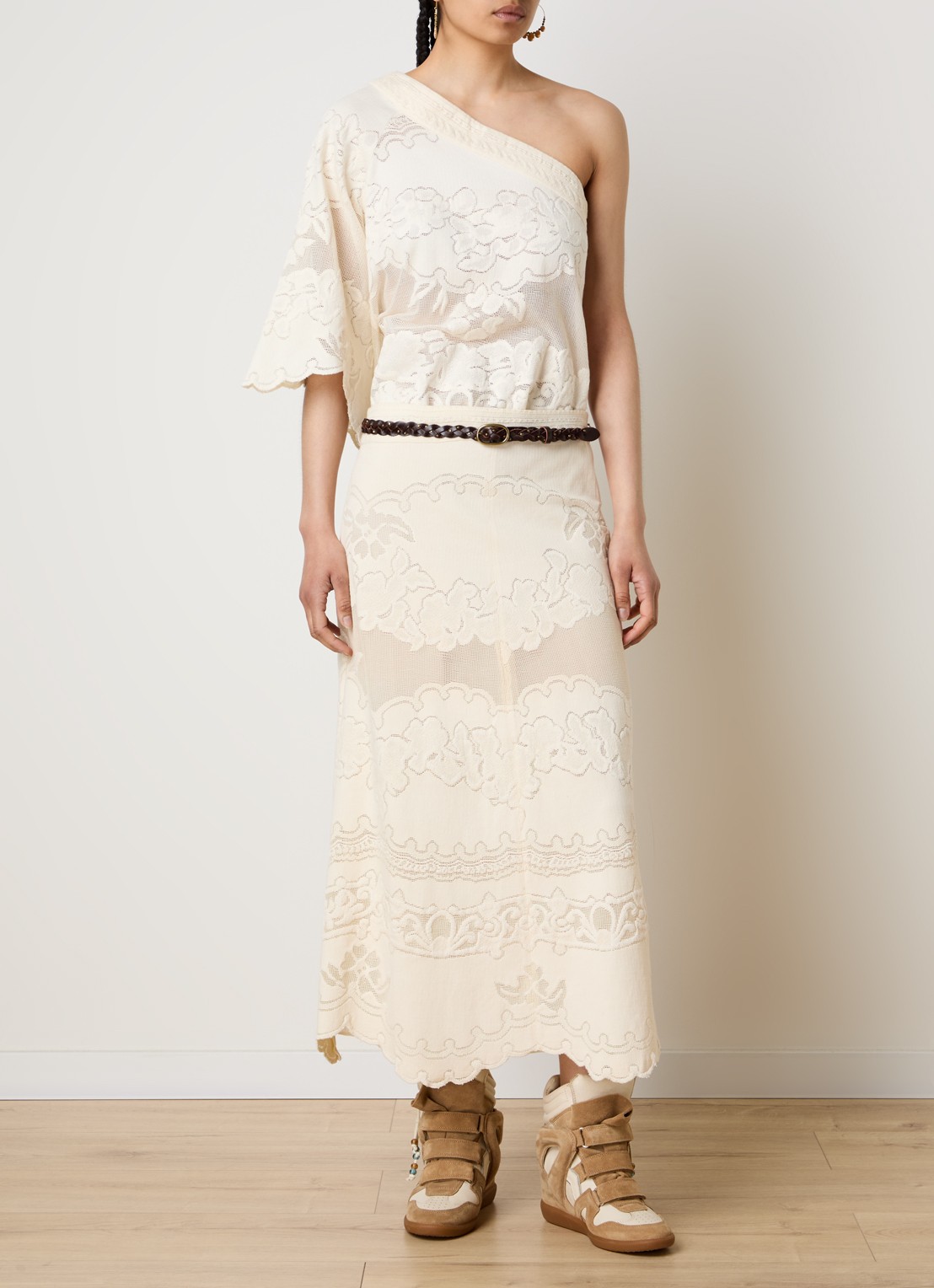 Isabel Marant Sanaya high waist midi rok met broderie - voorkant 3 vanillegeel