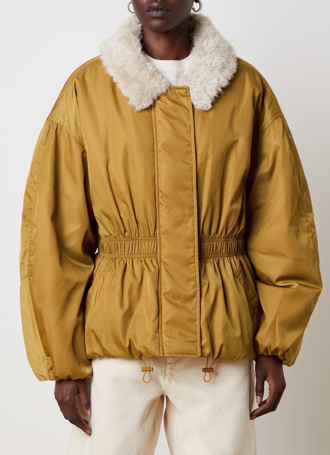 Isabel Marant Selja gewatteerd jack met kraag van imitatiebont - detail 3 okergeel