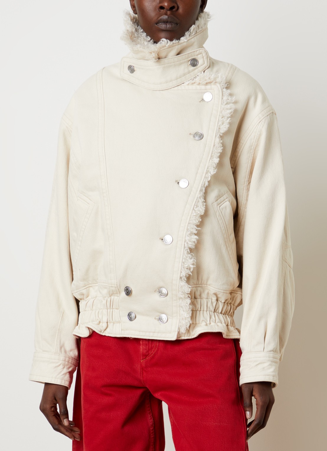 Isabel Marant Valineo spijkerjas met kraag van imitatiebont - detail ivoor