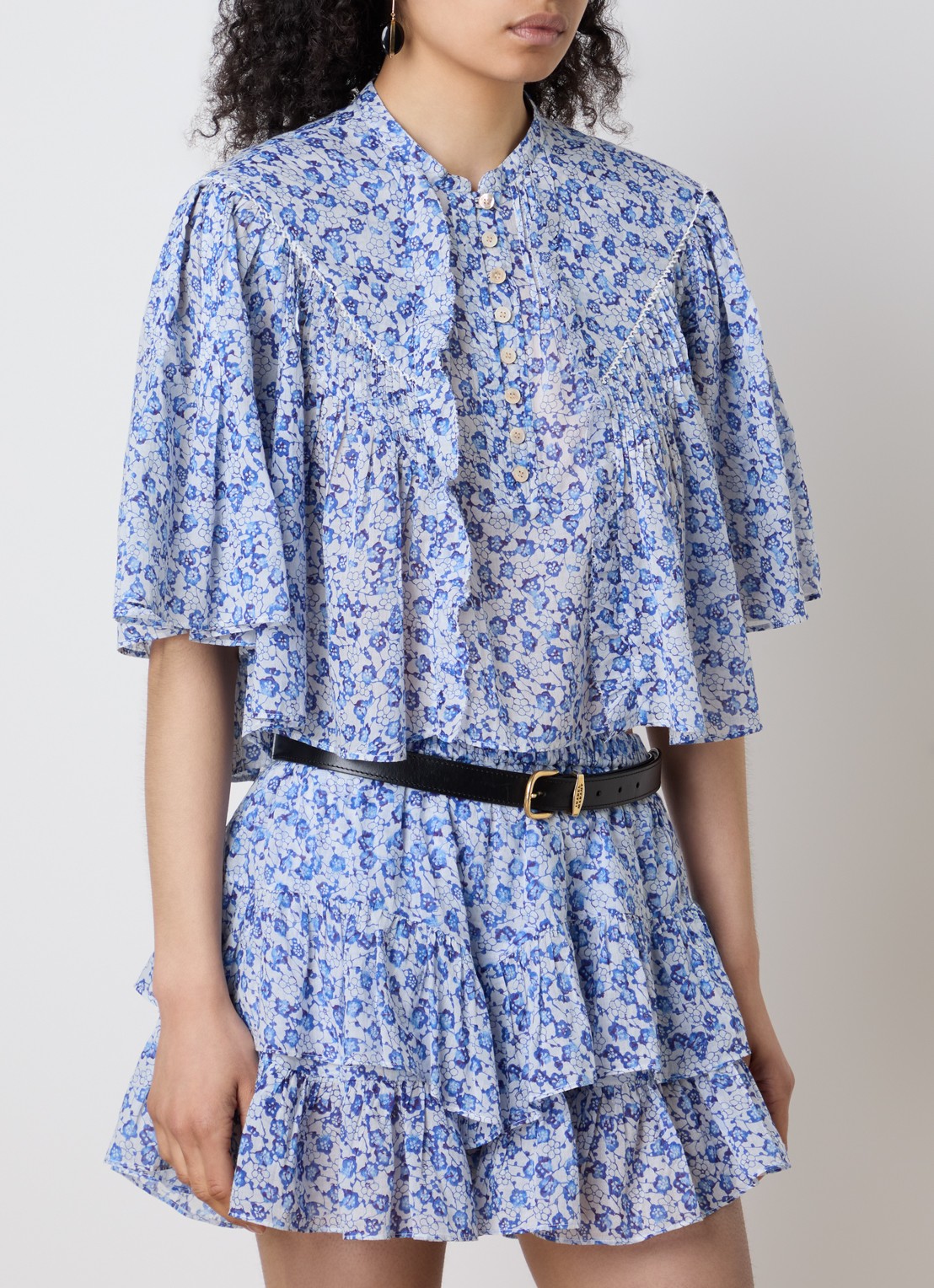 Isabel Marant Veelia tuniek met volant en print - detail 2 kobaltblauw