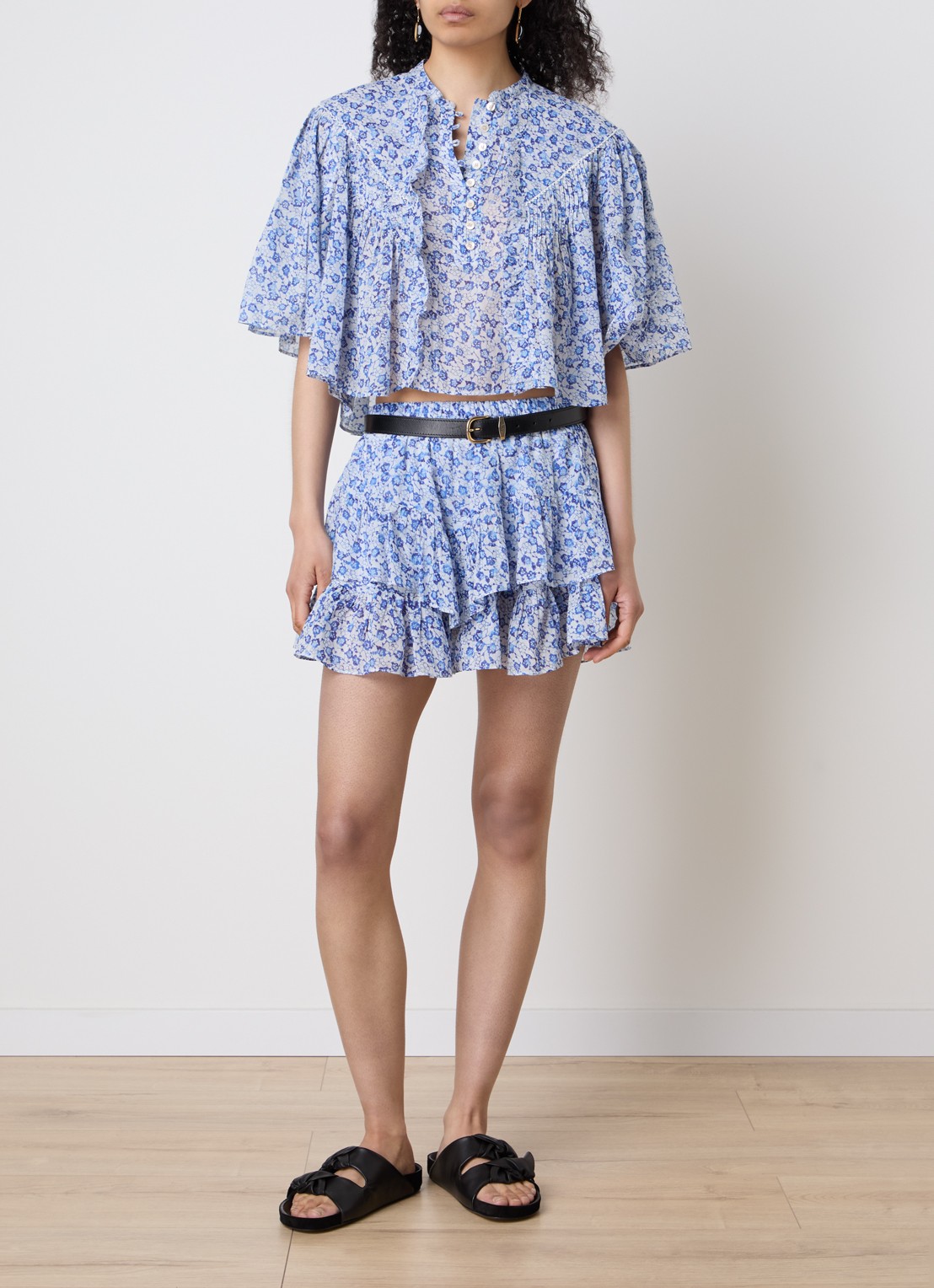 Isabel Marant Veelia tuniek met volant en print - voorkant 5 kobaltblauw