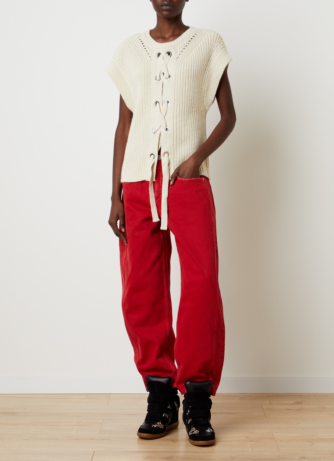 Isabel Marant Yonnia ribgebreide top in alpaca scheerwolblend met rijgdetail - voorkant 5 ivoor