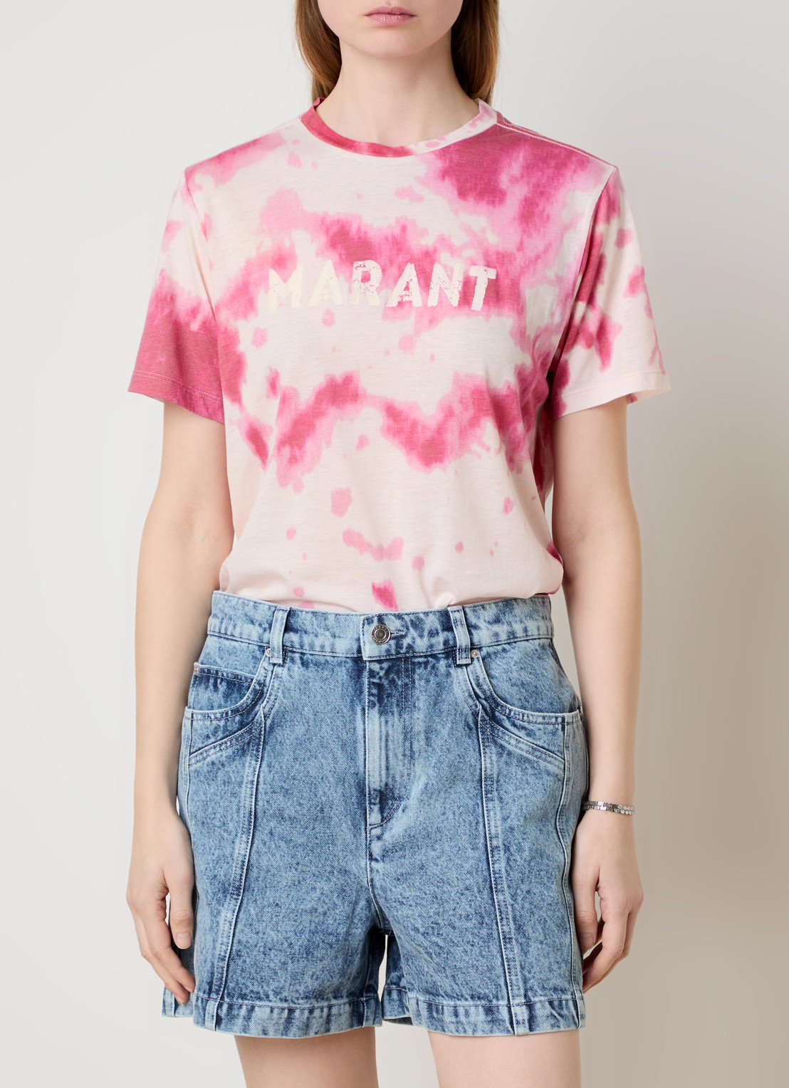 Isabel Marant Zewel T-shirt met logoprint en tie-dye dessin - detail 4 roze