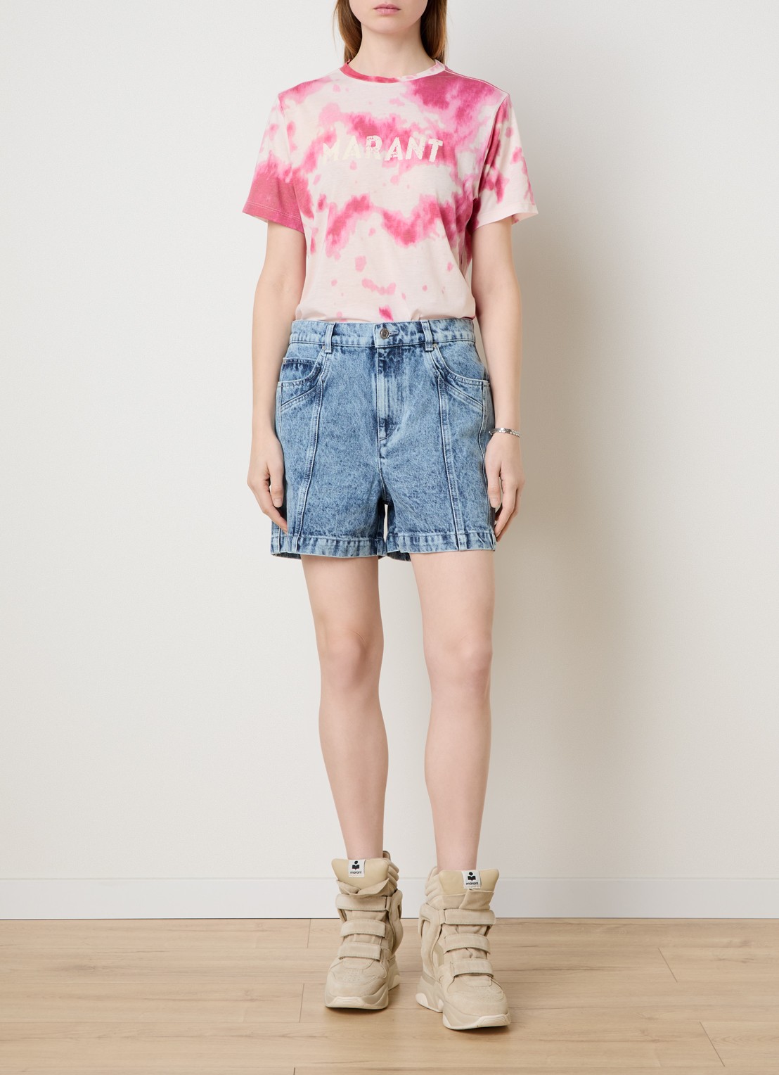 Isabel Marant Zewel T-shirt met logoprint en tie-dye dessin - voorkant 3 roze