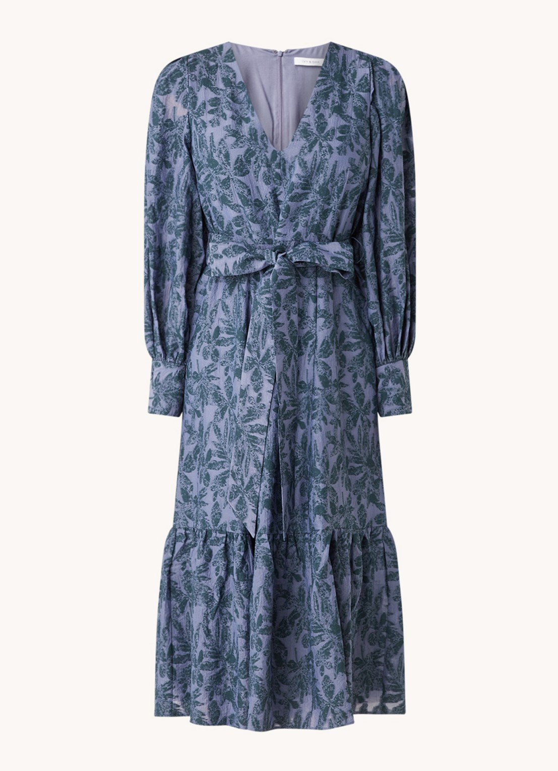 Ivy & Oak Midi jurk met pofmouw en volant - voorkant 3 paars
