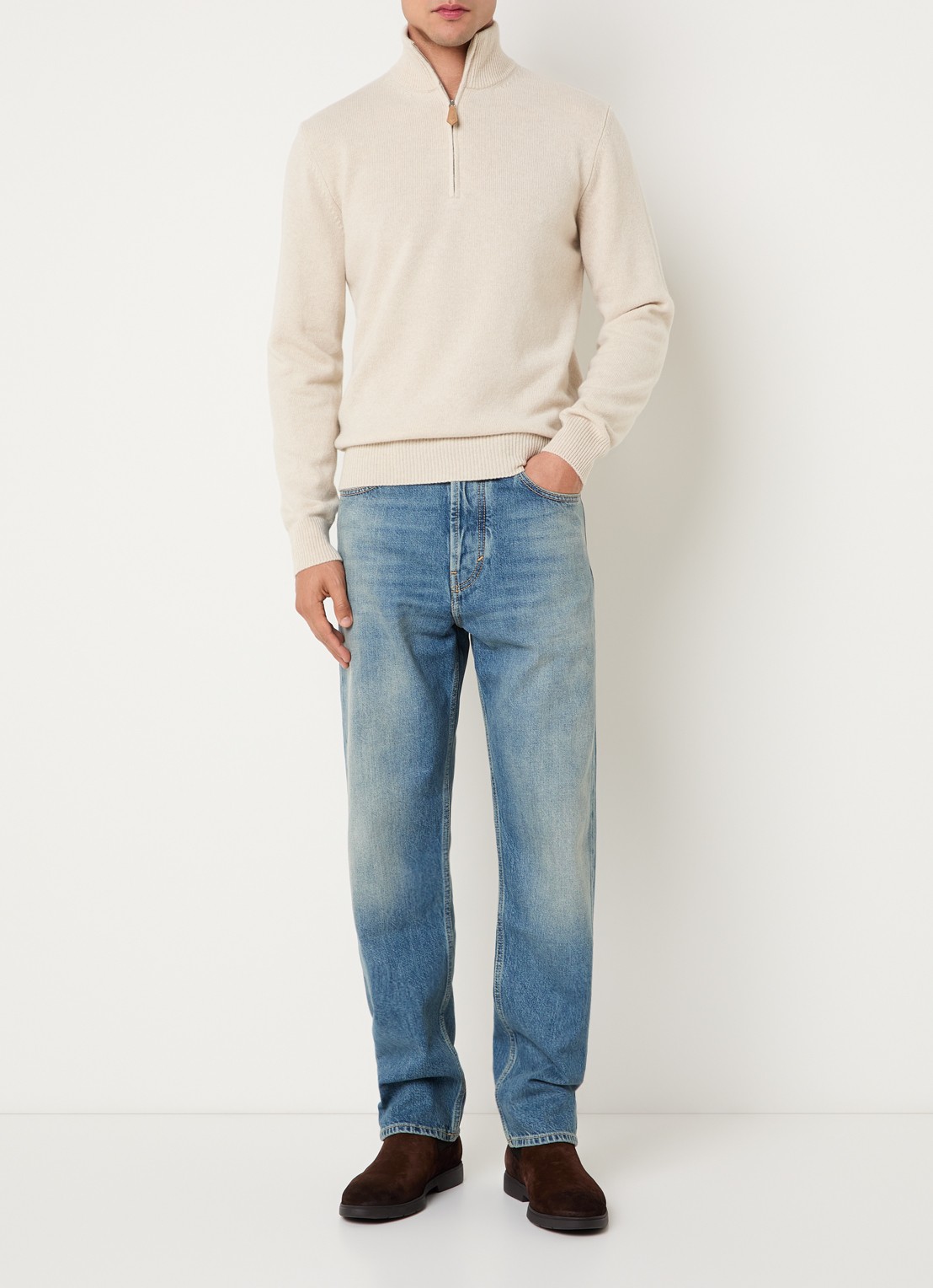 Jacob Cohën Fijngebreide pullover in kasjmier wolblend met halve rits - voorkant 3 beige