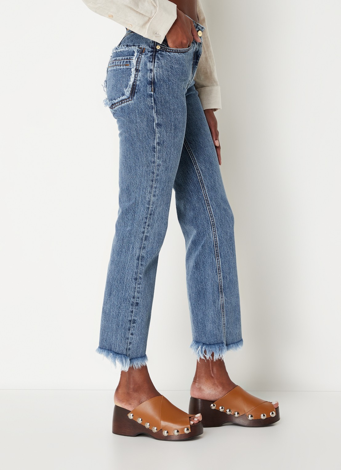 Jacquemus High waist flared fit cropped jeans met medium wassing - detail 4 indigo
