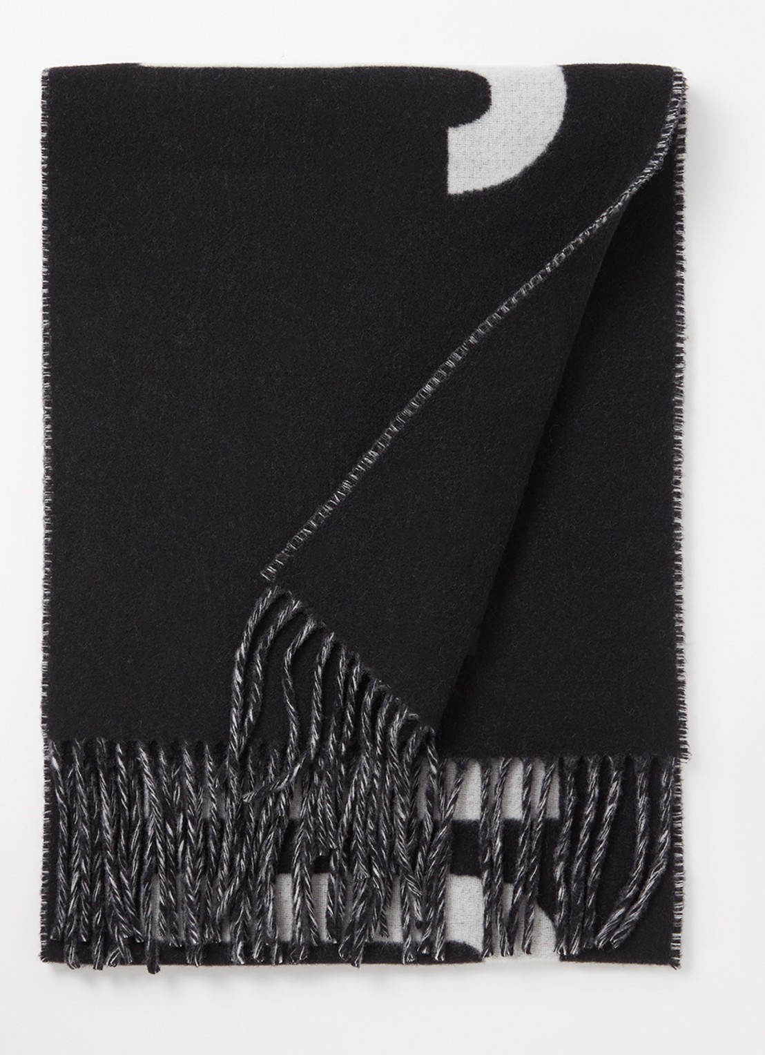 Jacquemus L'Echarpe sjaal van scheerwol met logoprint 180 x 35 cm - voorkant zwart