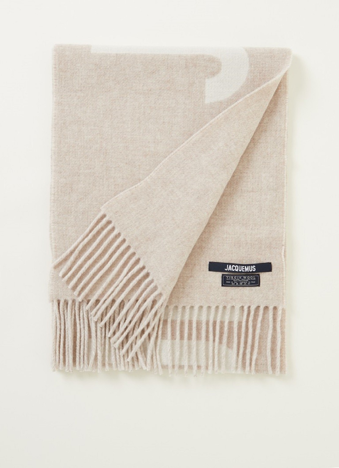 Jacquemus L'Echarpe sjaal van scheerwol met logoprint 180 x 35 cm - voorkant 2 beige