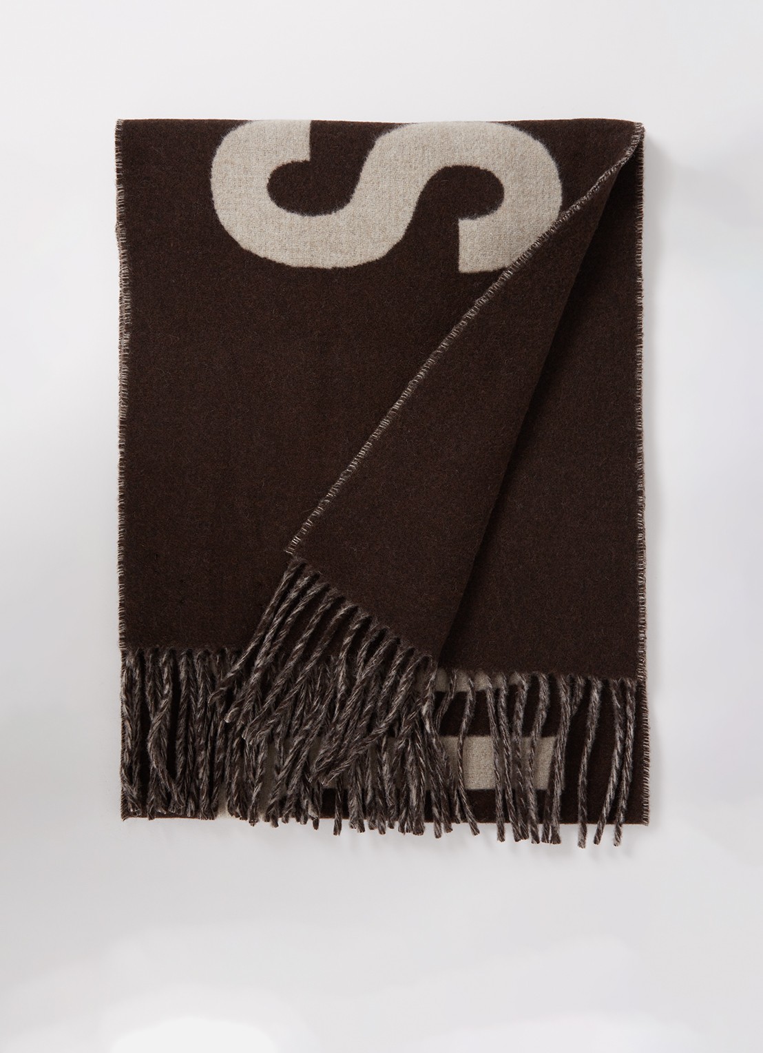 Jacquemus L'Echarpe sjaal van scheerwol met logoprint 180 x 35 cm - voorkant 2 donkerbruin