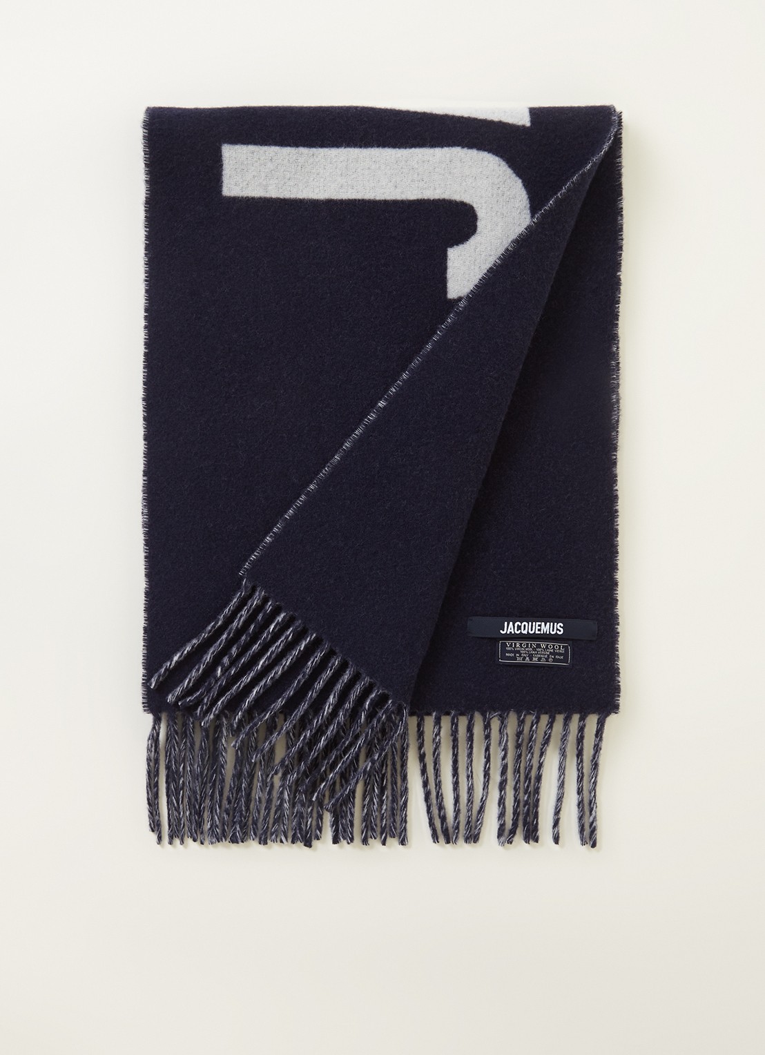 Jacquemus L'Echarpe sjaal van scheerwol met logoprint 180 x 35 cm - voorkant blauw