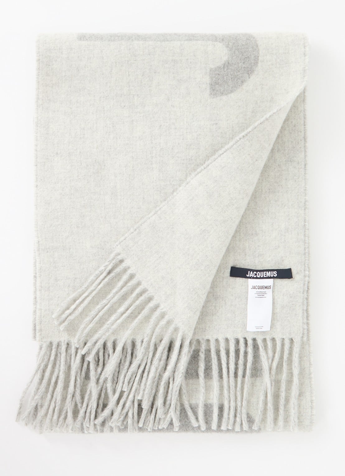Jacquemus L'Echarpe sjaal van wol met logo 180 x 35 cm - voorkant lichtgrijs