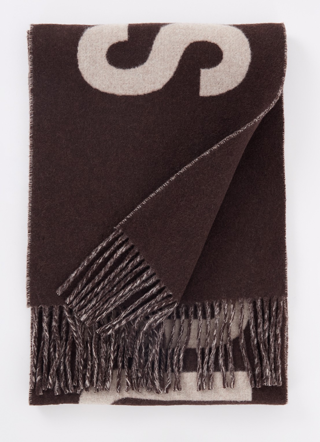 Jacquemus L'Echarpe sjaal van wol met logo 180 x 35 cm - voorkant donkerbruin