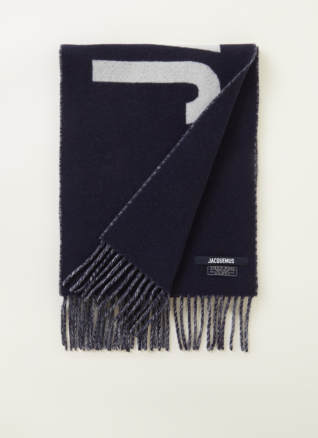 Jacquemus L'Echarpe sjaal van wol met logo 180 x 35 cm - voorkant blauw