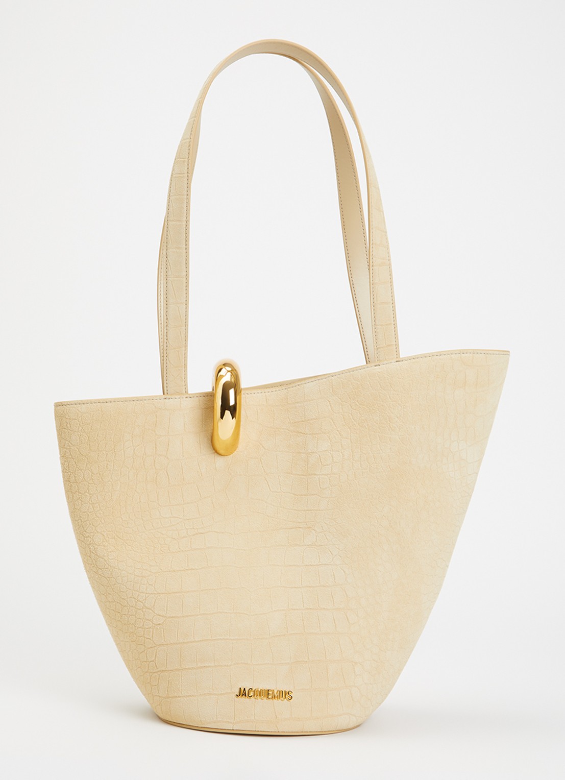 Jacquemus Le Bambola schoudertas van kalfssuède met crocostructuur - voorkant beige