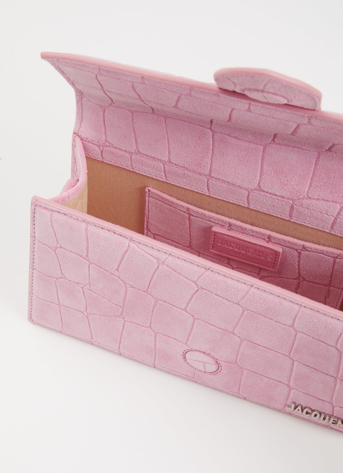 Jacquemus Le Grand Bambino handtas van kalfssuède met crocostructuur en afneembare schouderriem - detail roze