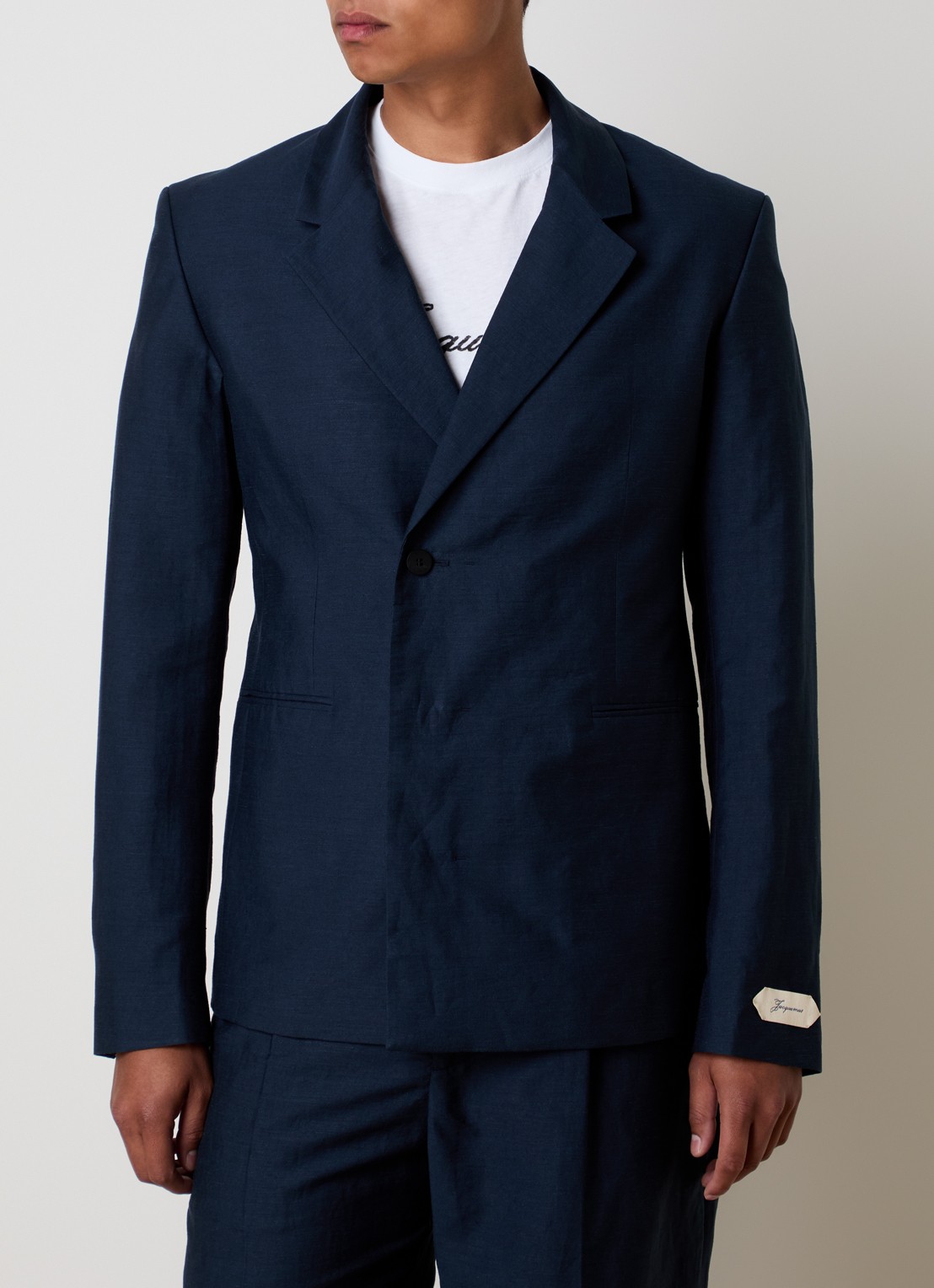 Jacquemus Melo regular fit colbert in linnenblend - detail 4 donkerblauw