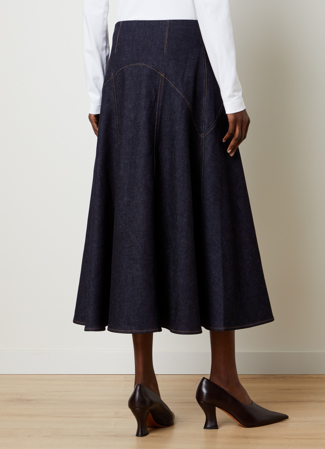 Jacquemus The Triangle-de-Nîmes midi spijkerrok in kasjmierblend - achterkant 3 donkerblauw