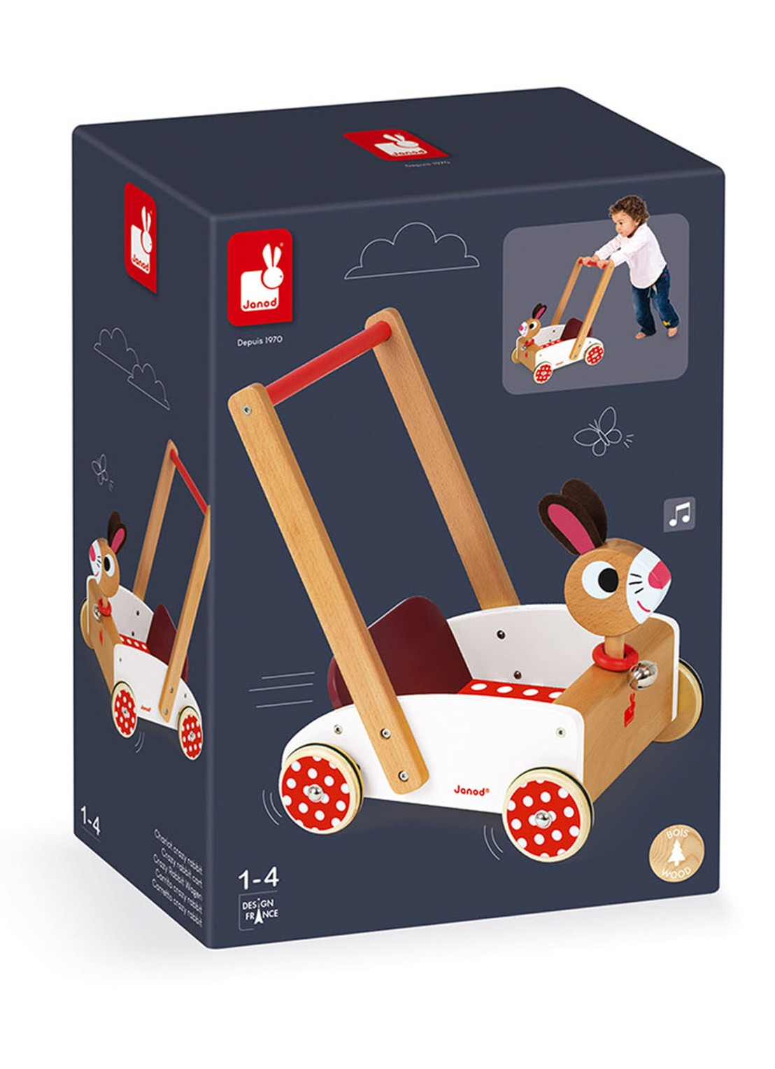 Janod Crazy Rabbit loopwagen - voorkant lichtbruin