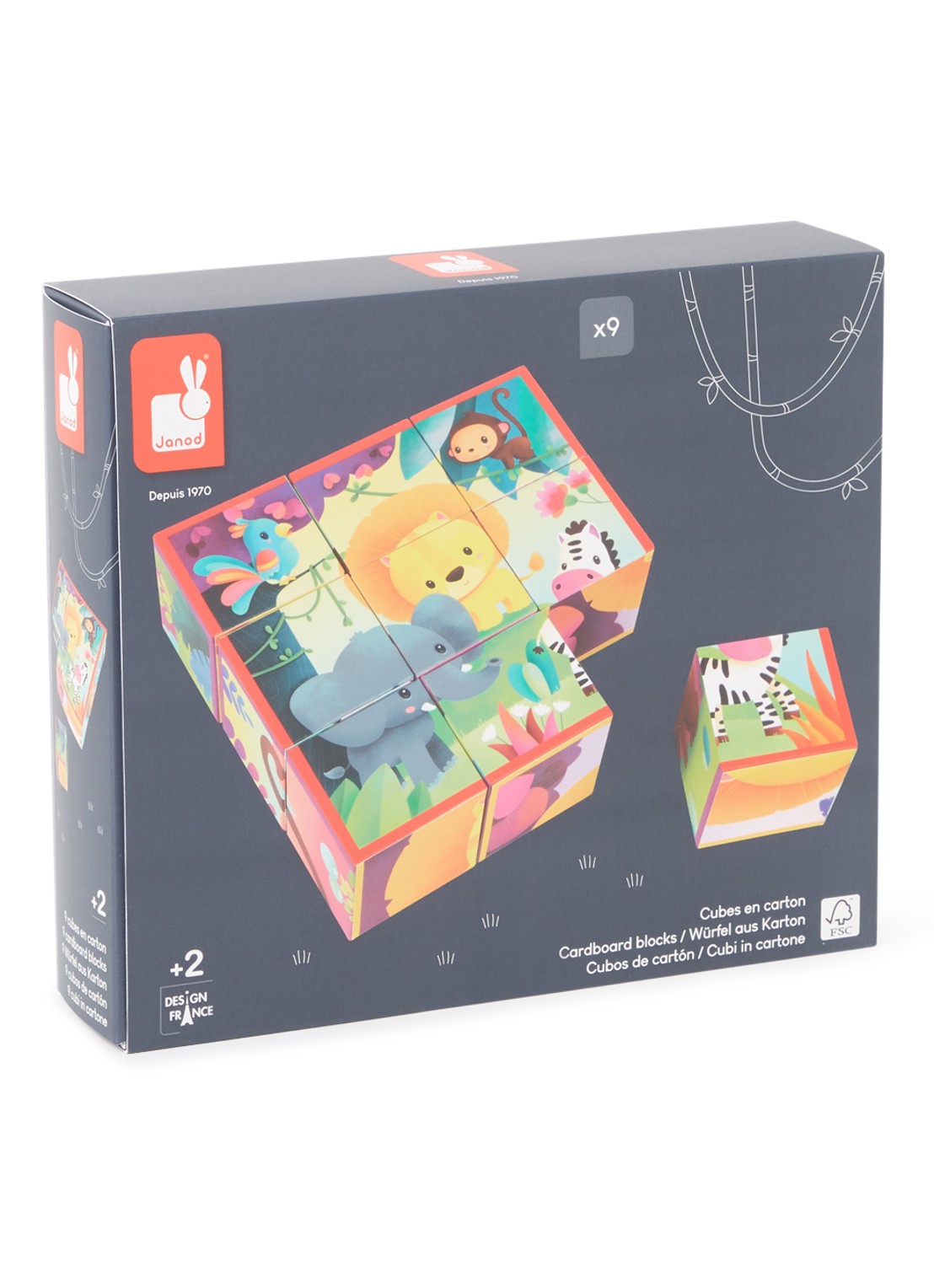 Janod Kubkid blokkenpuzzel jungledieren - voorkant multicolor