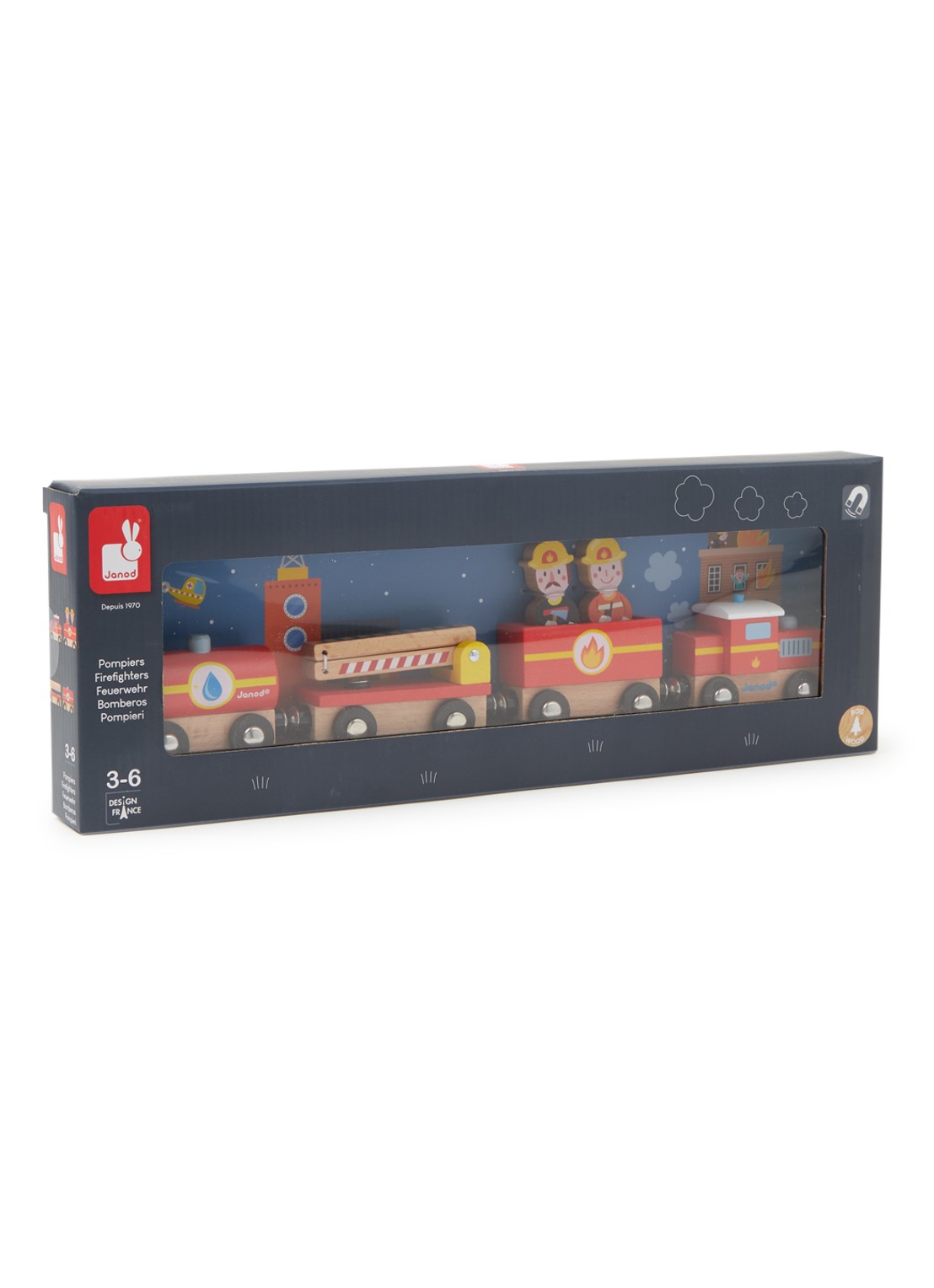 Janod Story brandweertrein magneetpuzzel 4-delig - voorkant steenrood