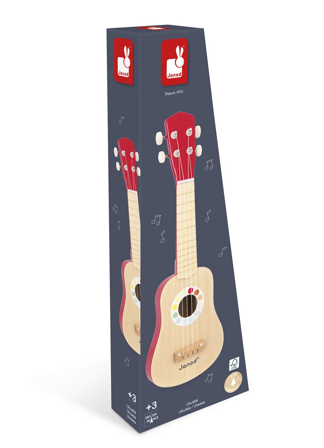 Janod Ukulele met stippendessin - voorkant multicolor