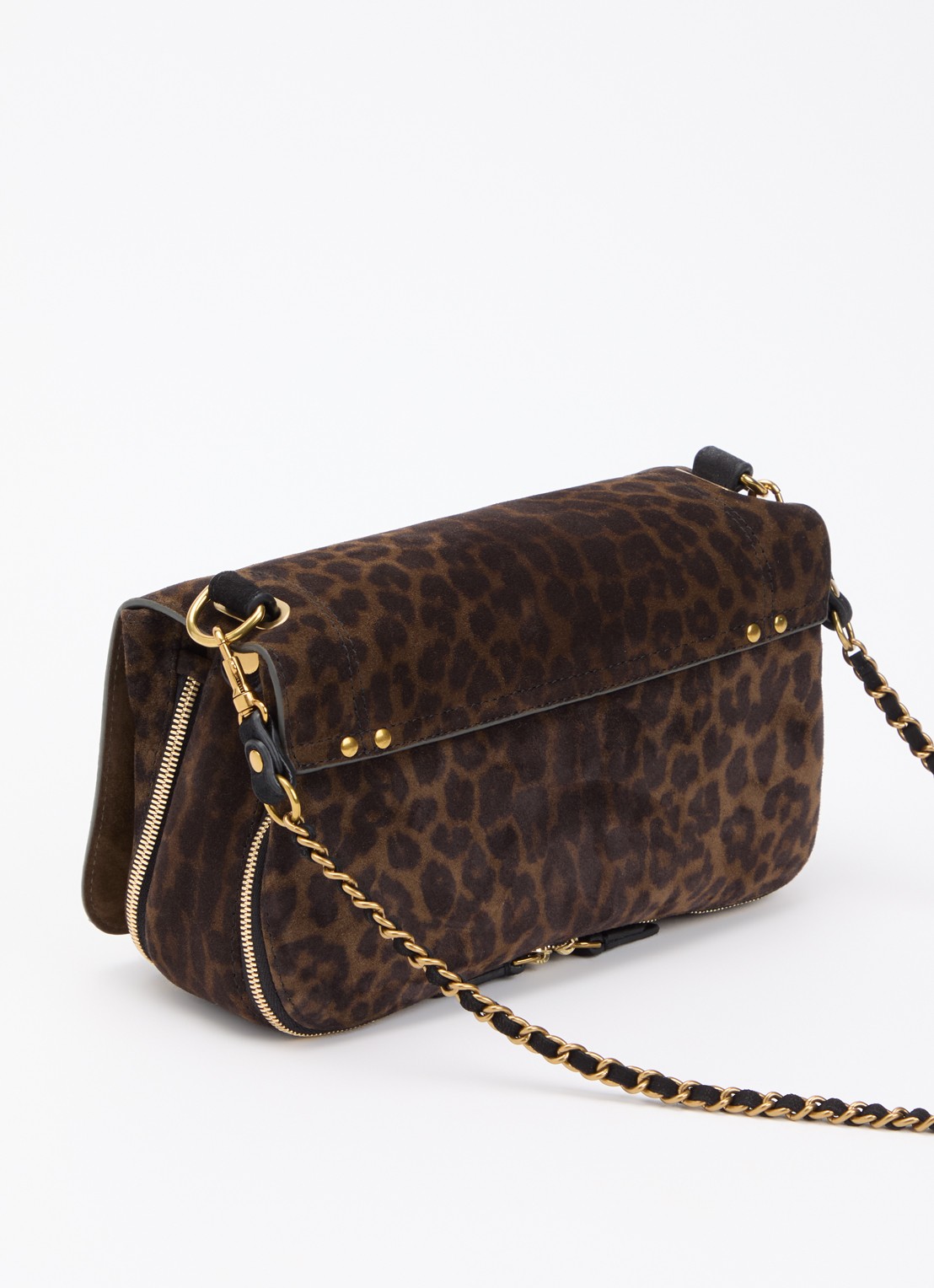 Jérôme Dreyfuss Bobi crossbodytas van kalfssuède met panterprint - achterkant 2 donkerkhaki