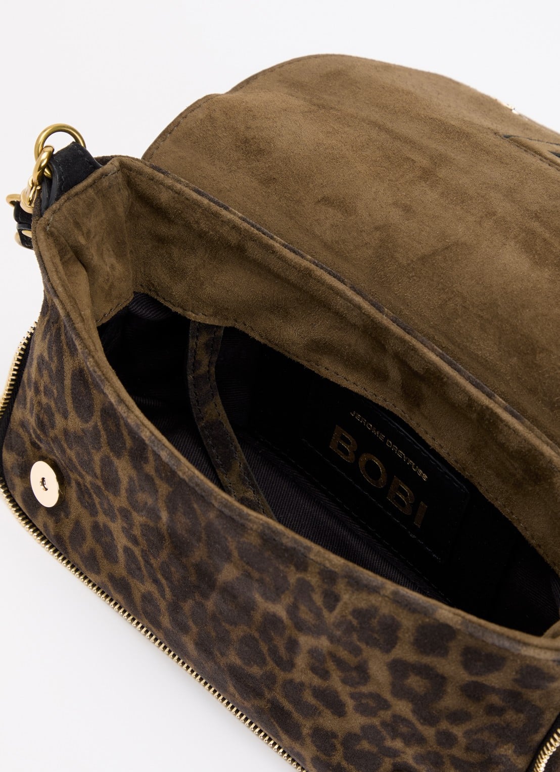 Jérôme Dreyfuss Bobi S crossbodytas van kalfssuède met panterprint - detail donkerkhaki