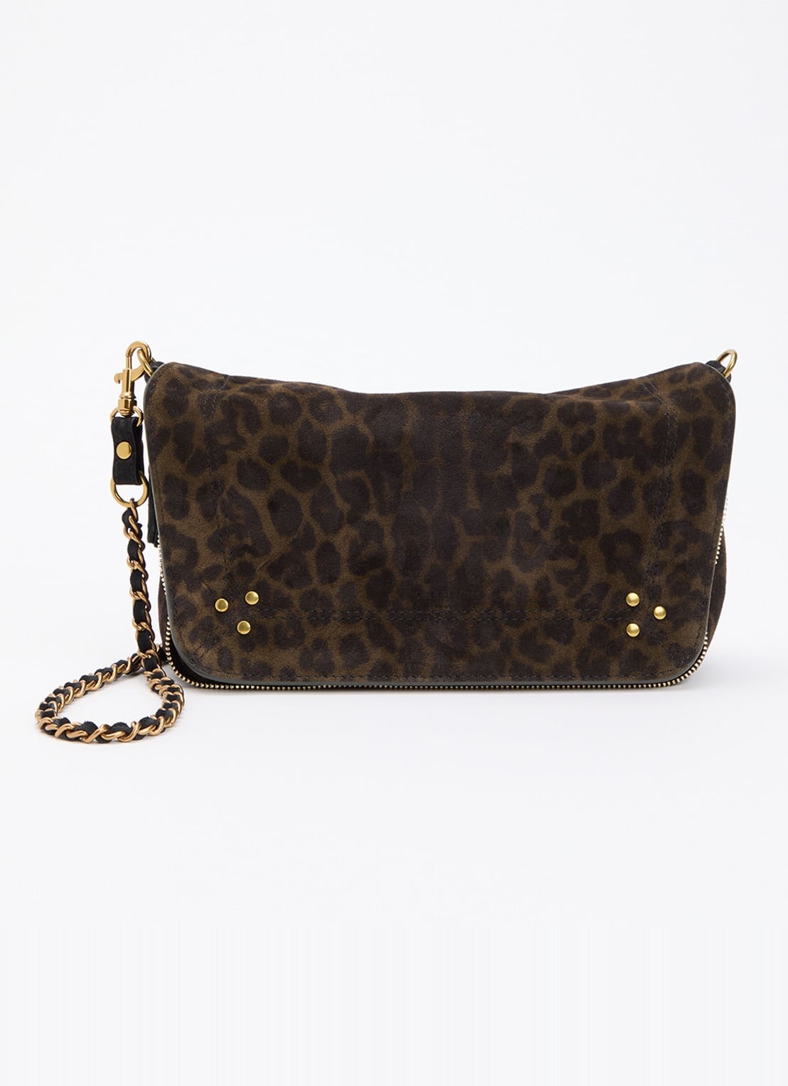 Jérôme Dreyfuss Bobi S crossbodytas van kalfssuède met panterprint - voorkant 5 donkerkhaki