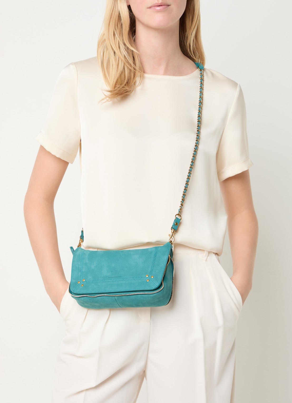 Jérôme Dreyfuss Bobi S crossbodytas van suède met crocostructuur - voorkant 6 turquoise