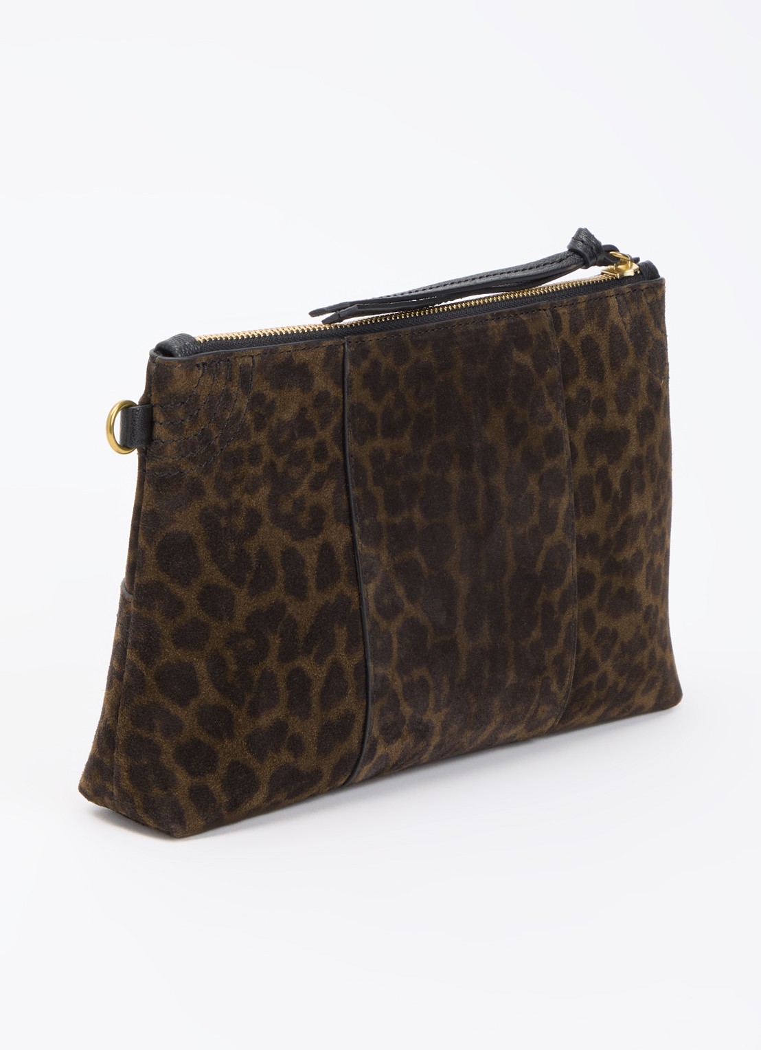Jérôme Dreyfuss Lucky clutch van kalfssuède met panterprint - achterkant donkerkhaki
