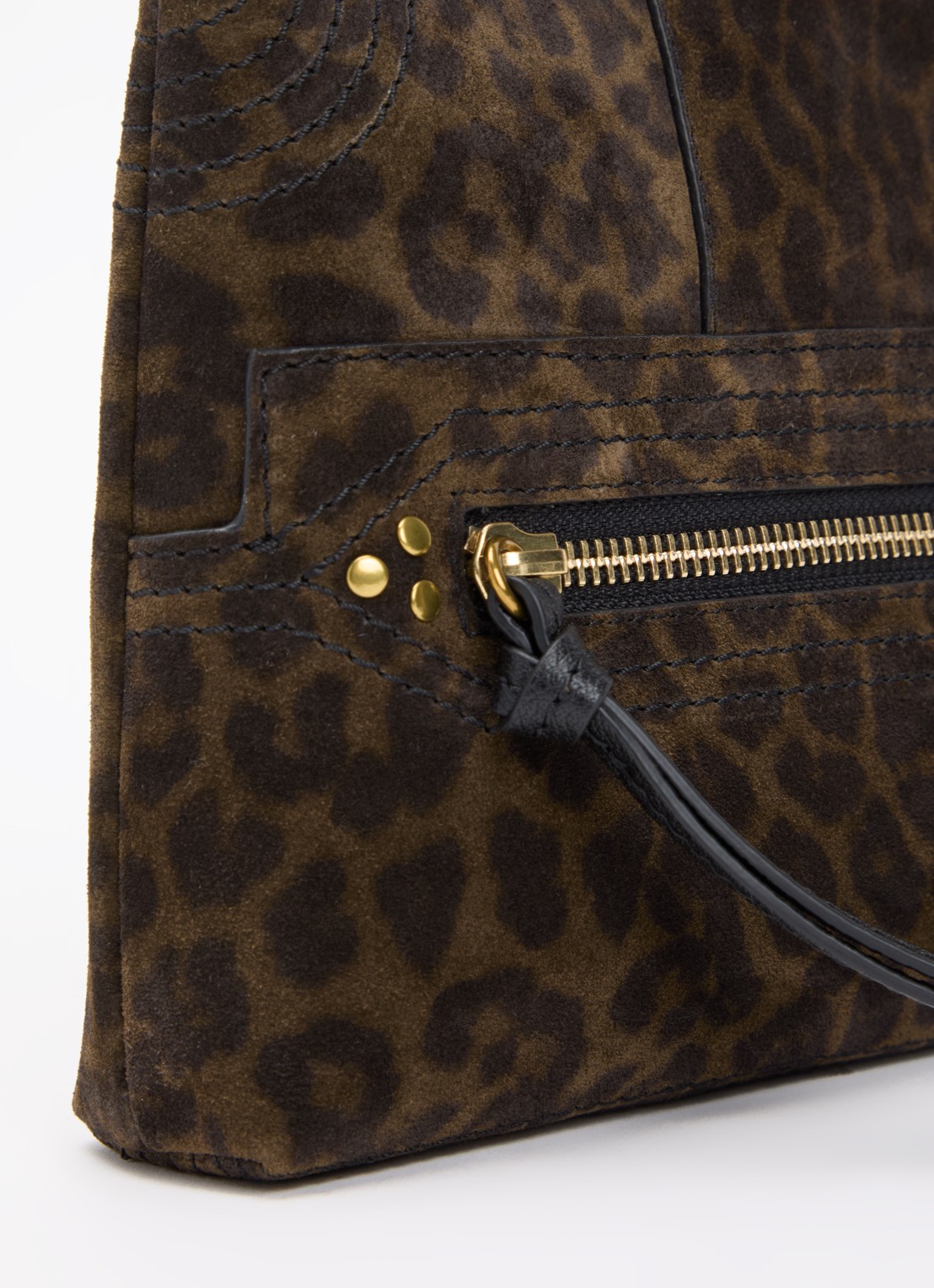Jérôme Dreyfuss Lucky clutch van kalfssuède met panterprint - detail 4 donkerkhaki