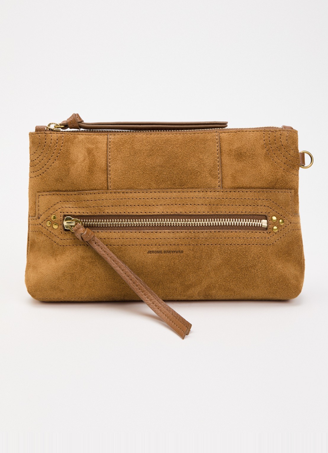 Jérôme Dreyfuss Lucky clutch van kalfssuède - voorkant 5 cognac
