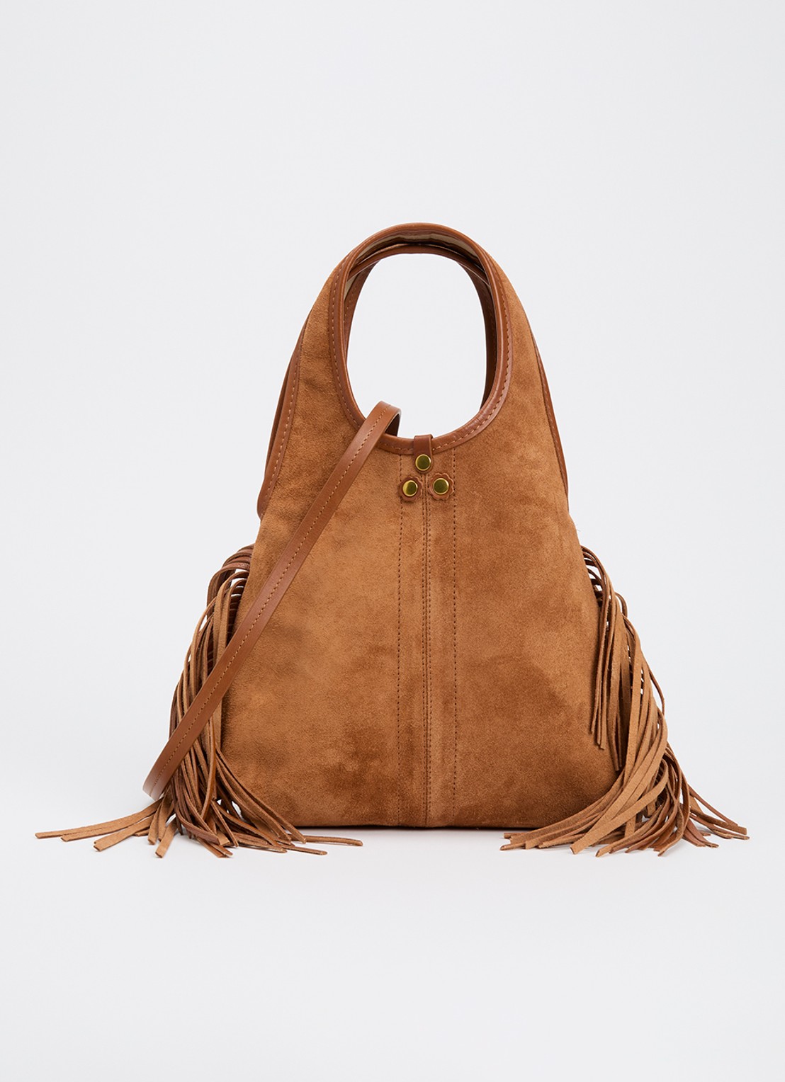 Jérôme Dreyfuss Paco handtas van kalfssuède met franjes - voorkant camel