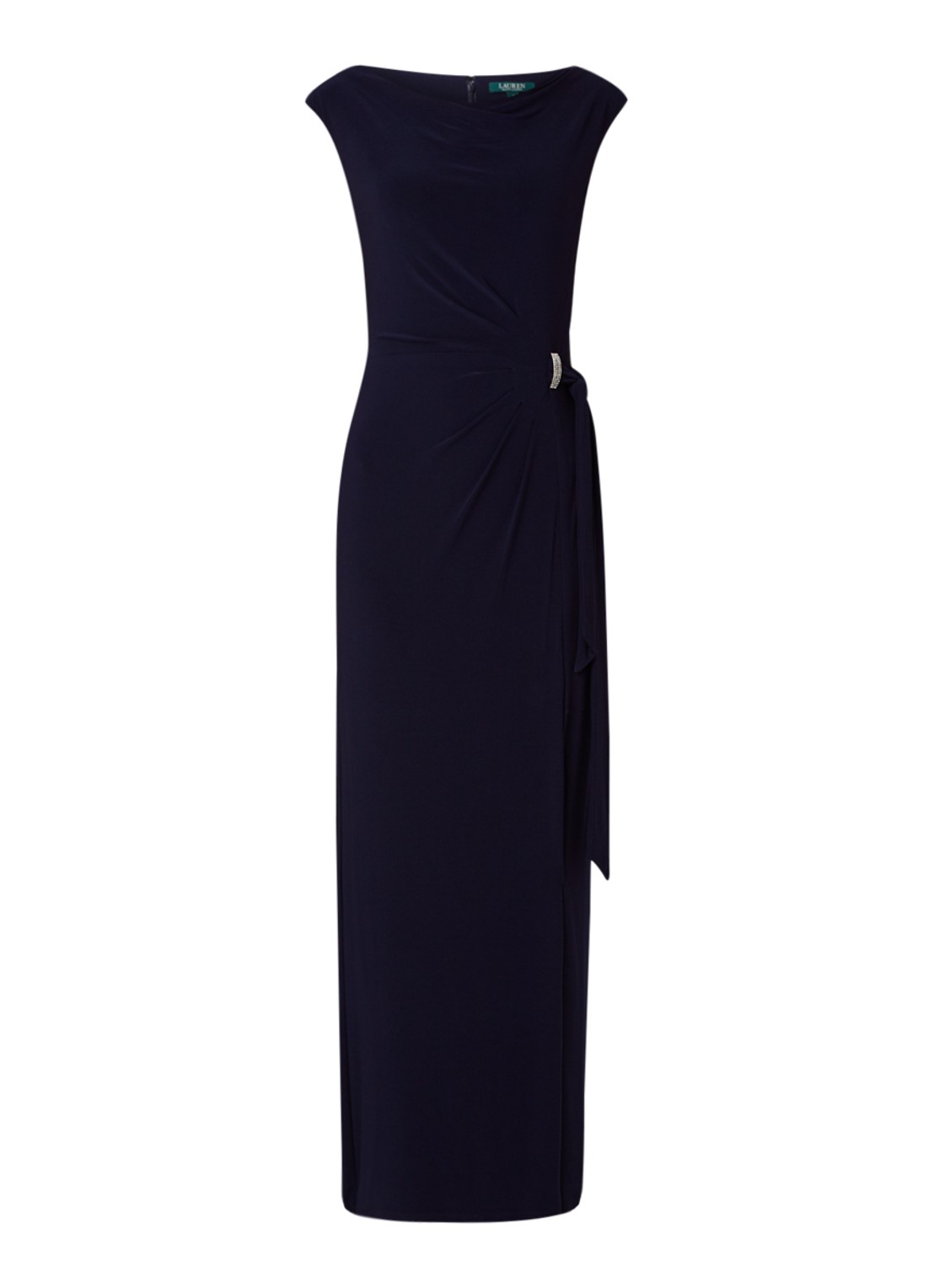 Jersey maxi jurk met strikceintuur en split - voorkant donkerblauw
