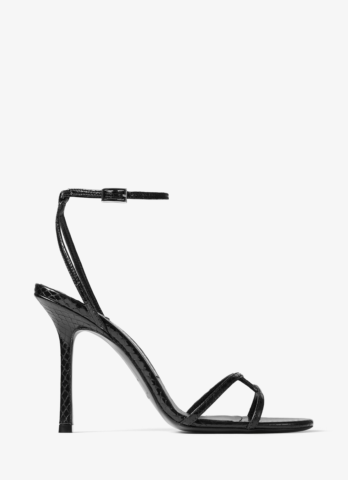 Jimmy Choo 1998 Leo 100 sandalette van geitenleer met slangenstructuur - voorkant zwart