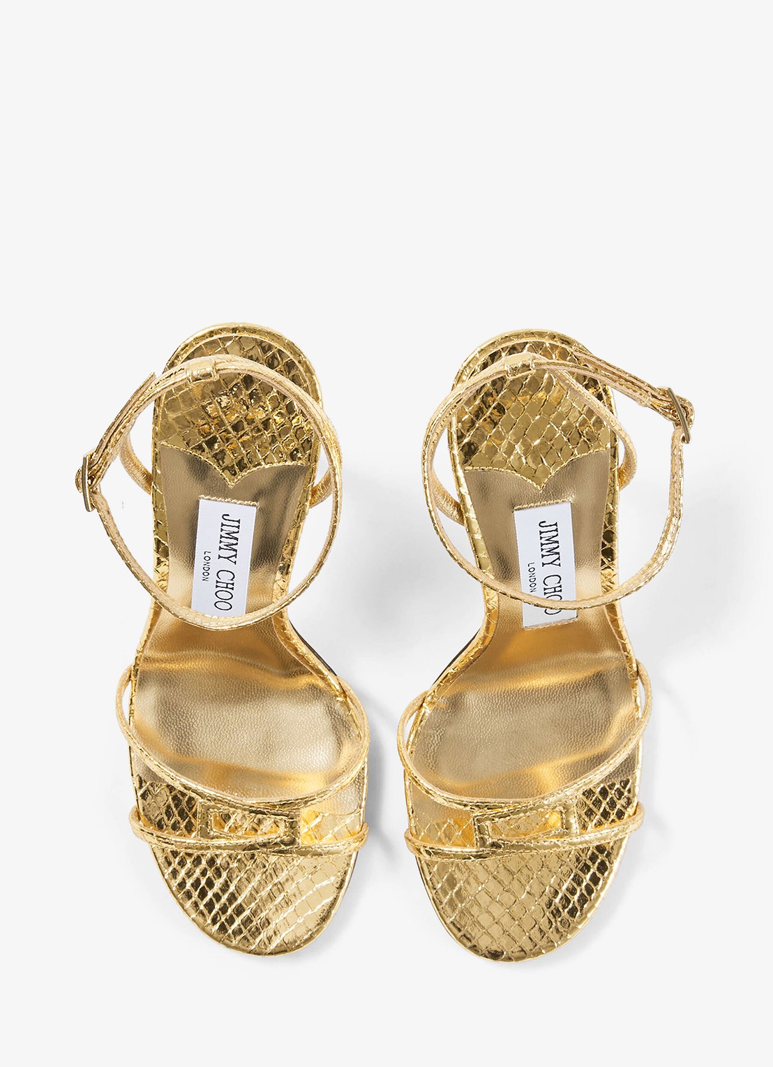Jimmy Choo 1998 Leo 100 sandalette van geitenleer met slangenstructuur - detail goud