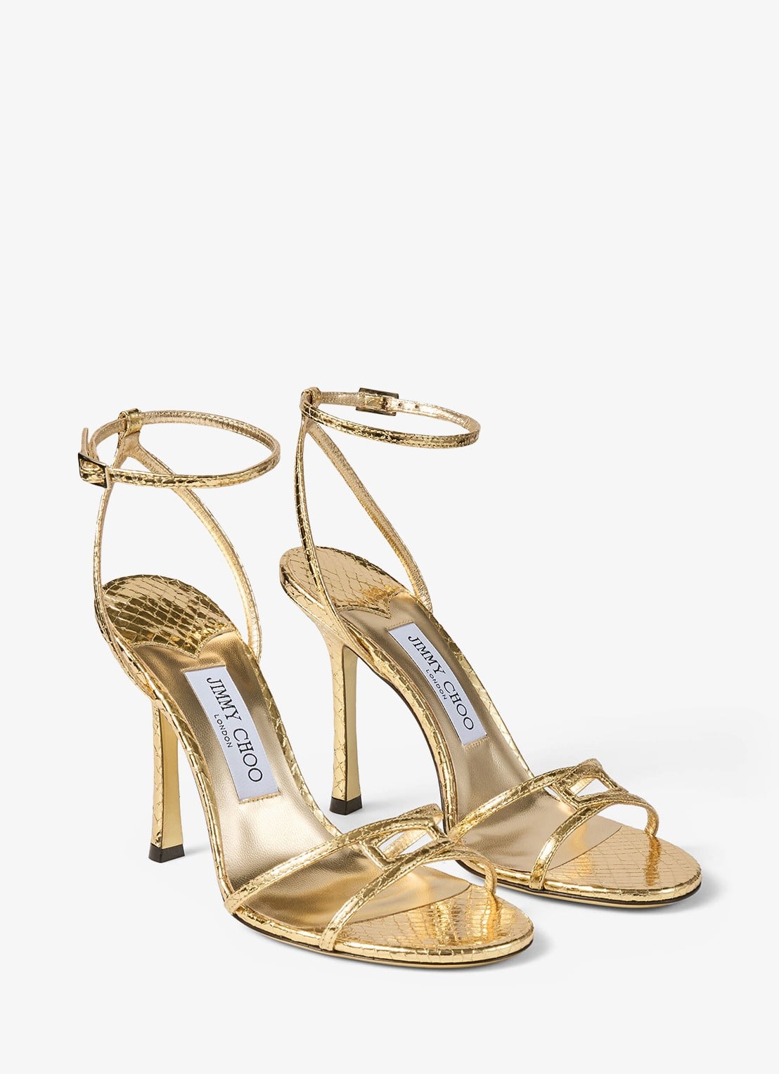 Jimmy Choo 1998 Leo 100 sandalette van geitenleer met slangenstructuur - voorkant 4 goud