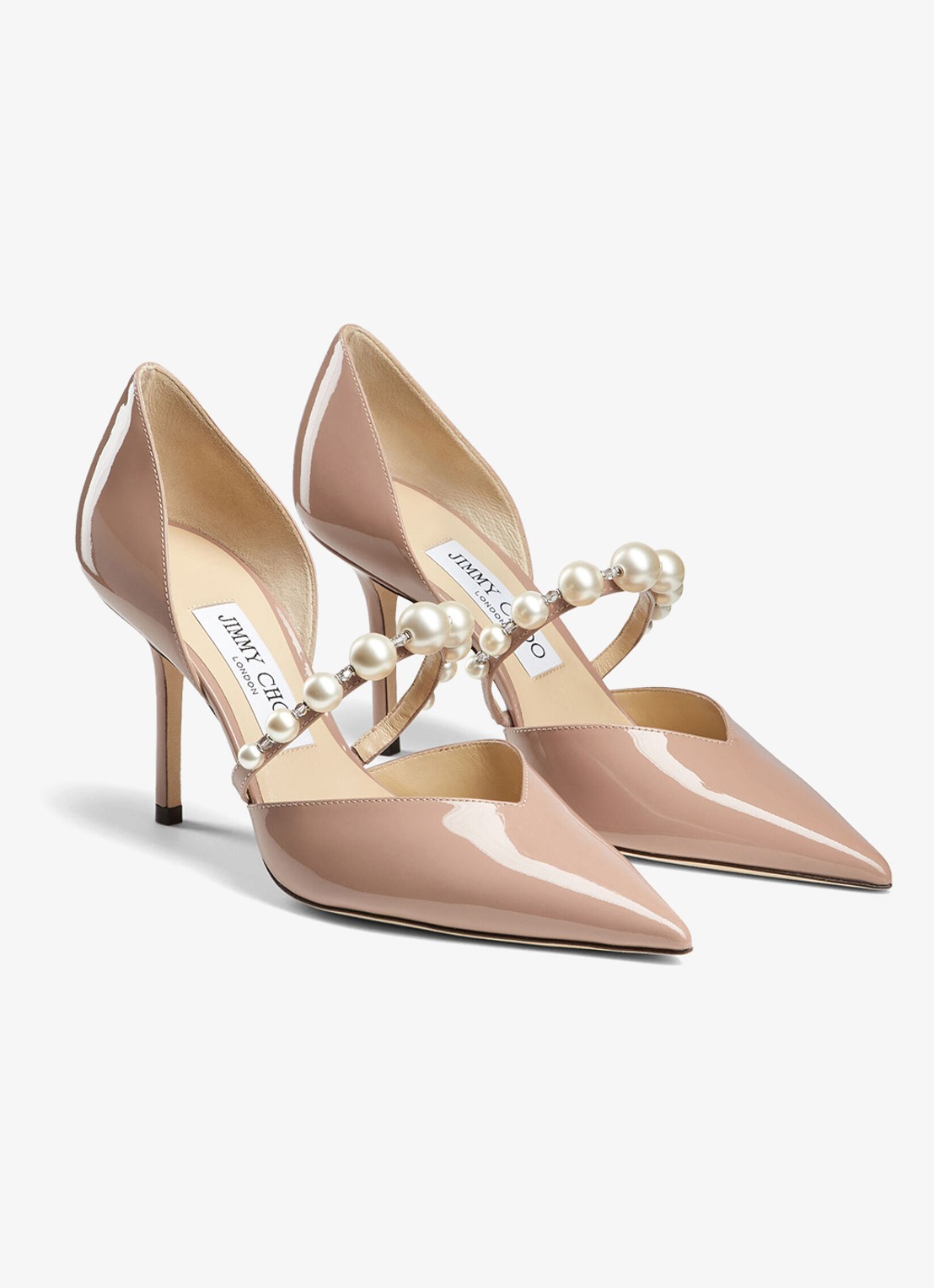 Jimmy Choo Aurelie 85 pump van lakleer met imitatieparels - voorkant 4 donkerbeige