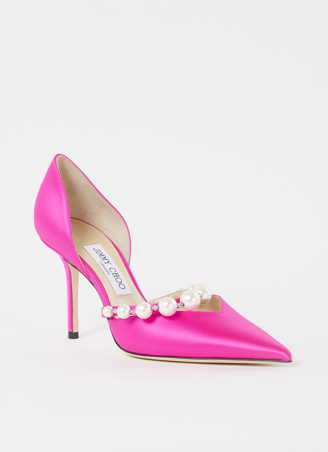 Jimmy Choo Aurelie pump van satijn met kristal - voorkant fuchsia