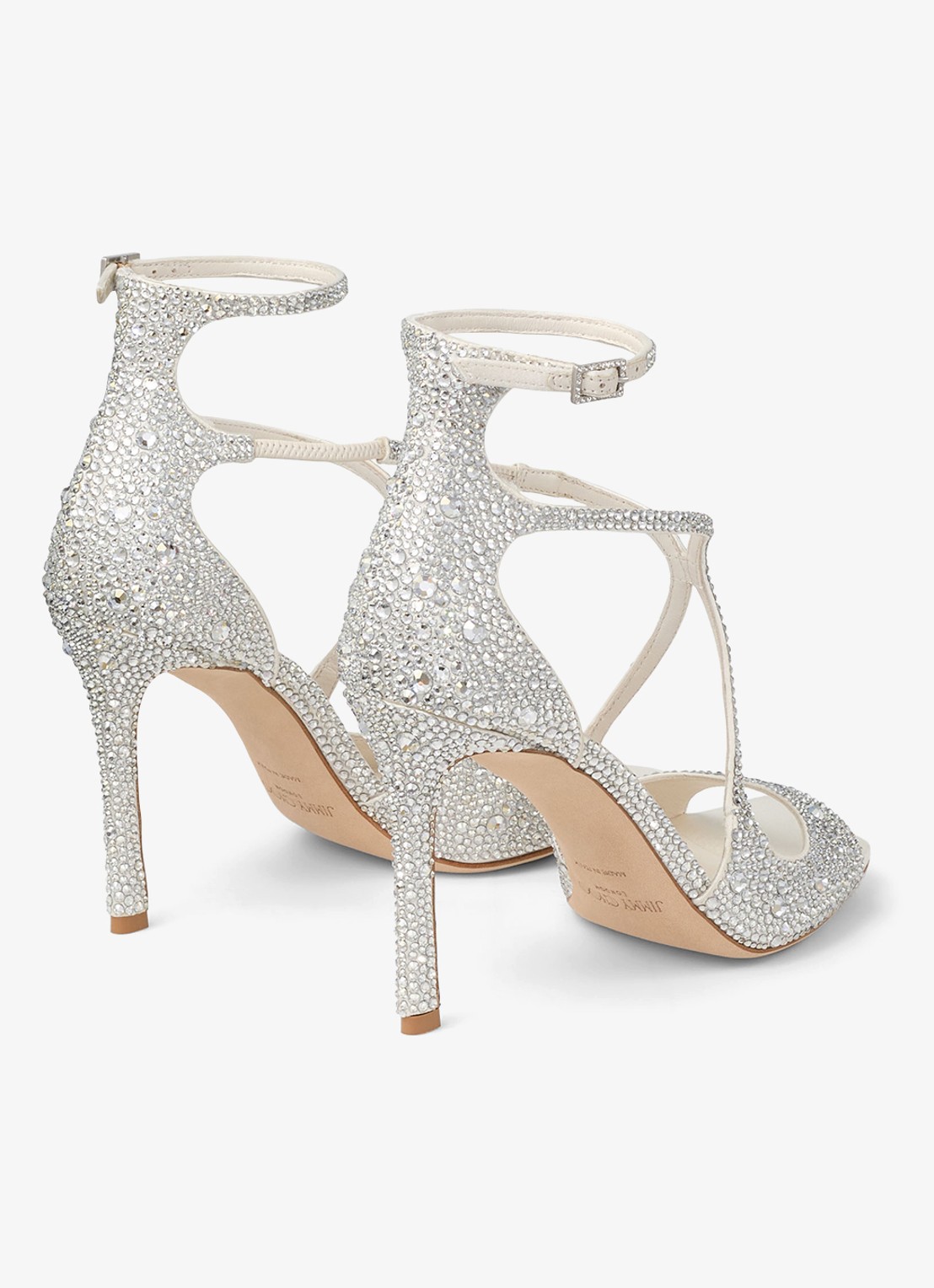 Jimmy Choo Azia 95 sandalette van satijn met strass - achterkant zilver