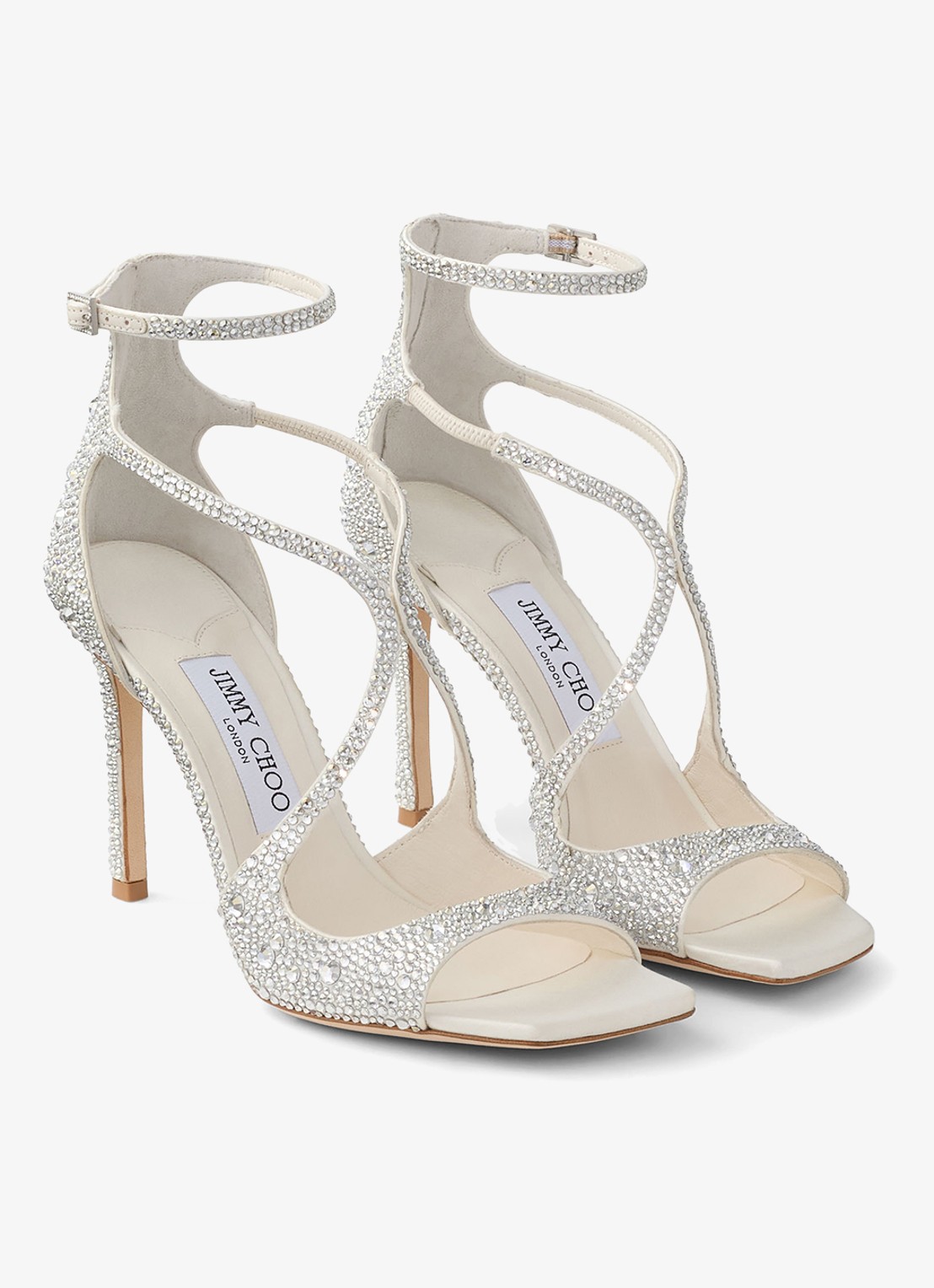 Jimmy Choo Azia 95 sandalette van satijn met strass - voorkant 3 zilver