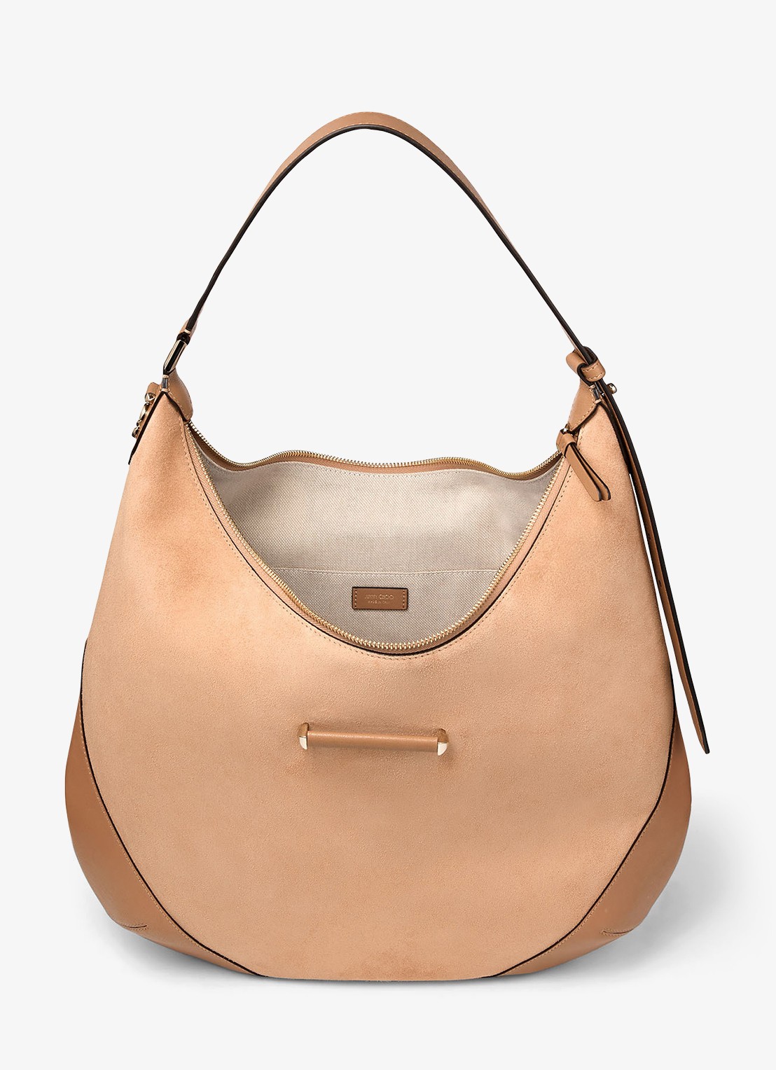 Jimmy Choo Bar Hobo/M schoudertas van suède - detail 2 lichtbruin