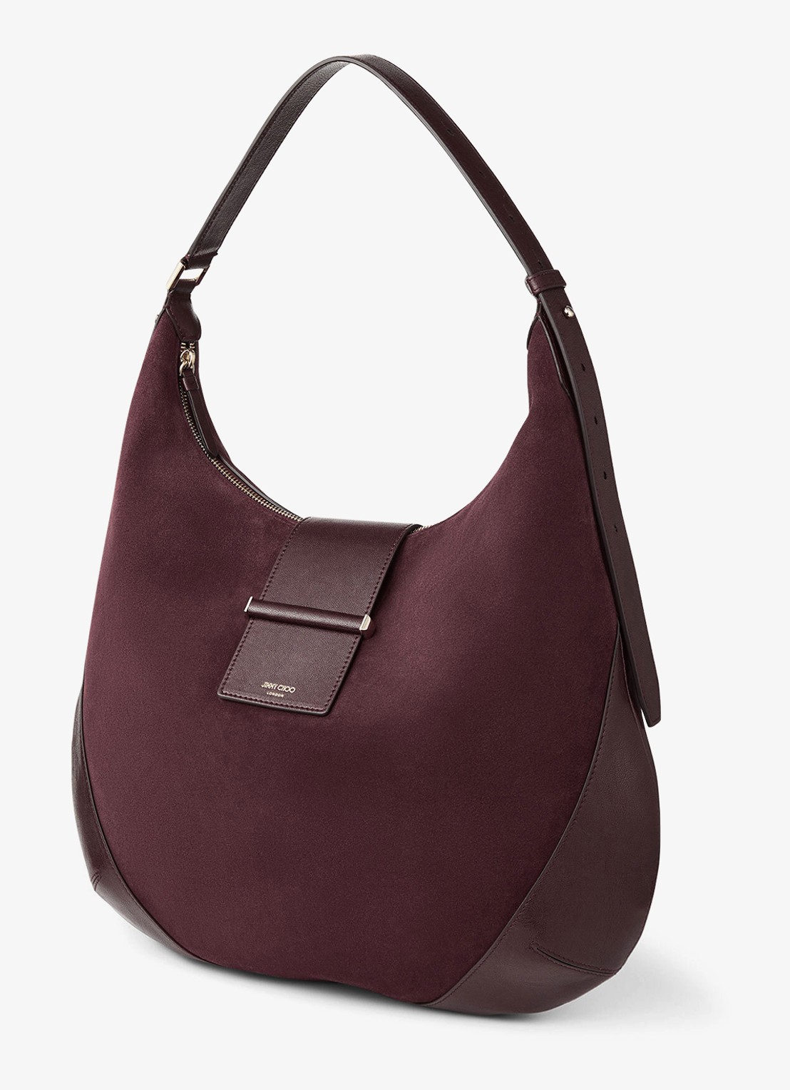 Jimmy Choo Bar Hobo/M schoudertas van suède - detail bordeauxrood