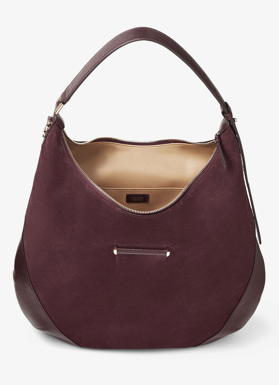 Jimmy Choo Bar Hobo/M schoudertas van suède - detail 2 bordeauxrood
