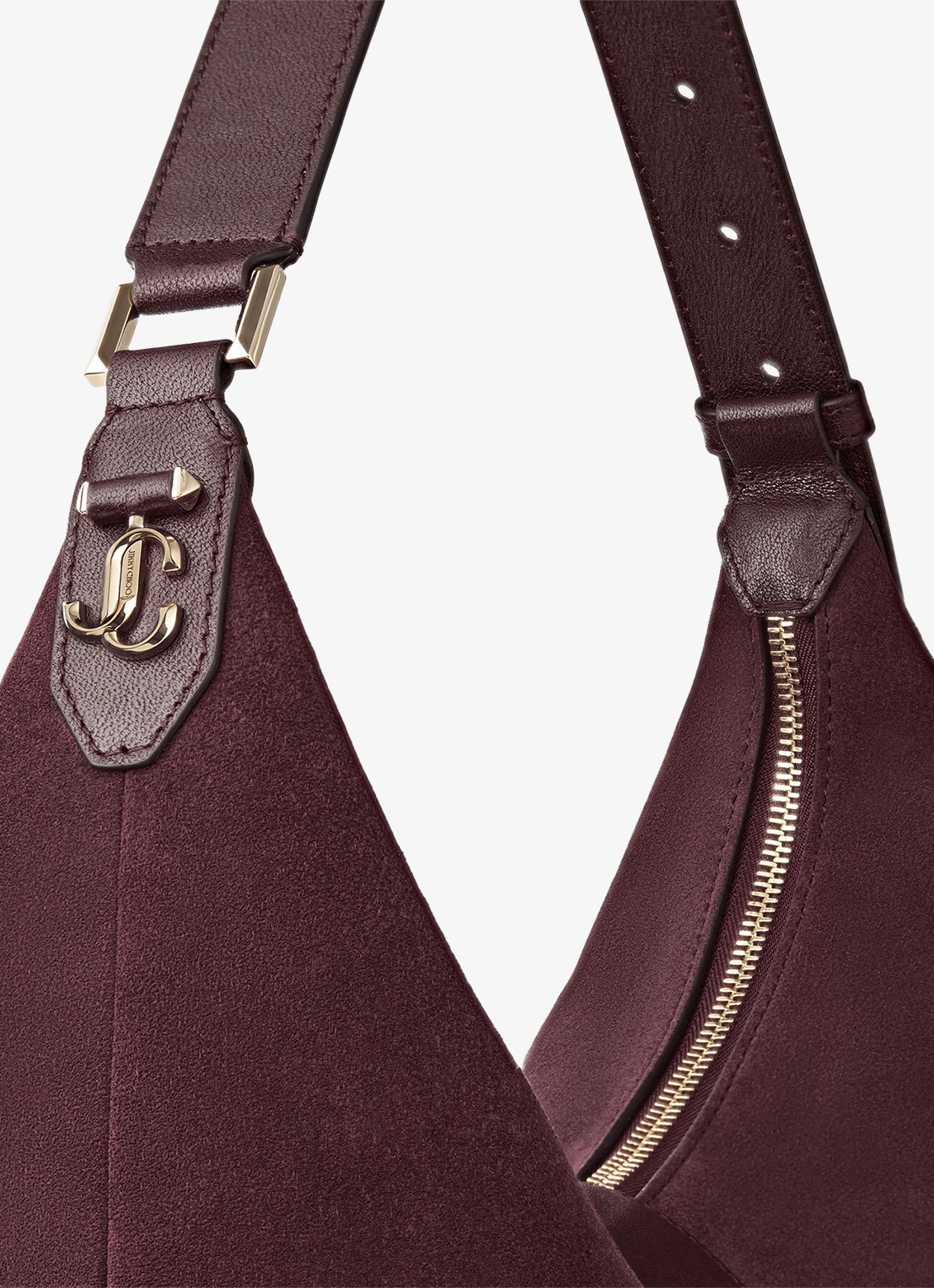 Jimmy Choo Bar Hobo/M schoudertas van suède - detail 3 bordeauxrood